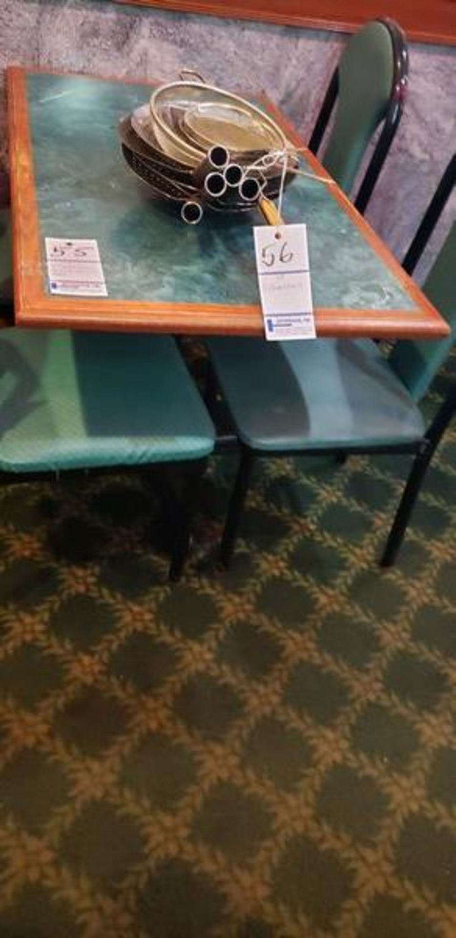 45" X 27" GREEN FORMICA TOP INLAY PEDESTAL TABLE