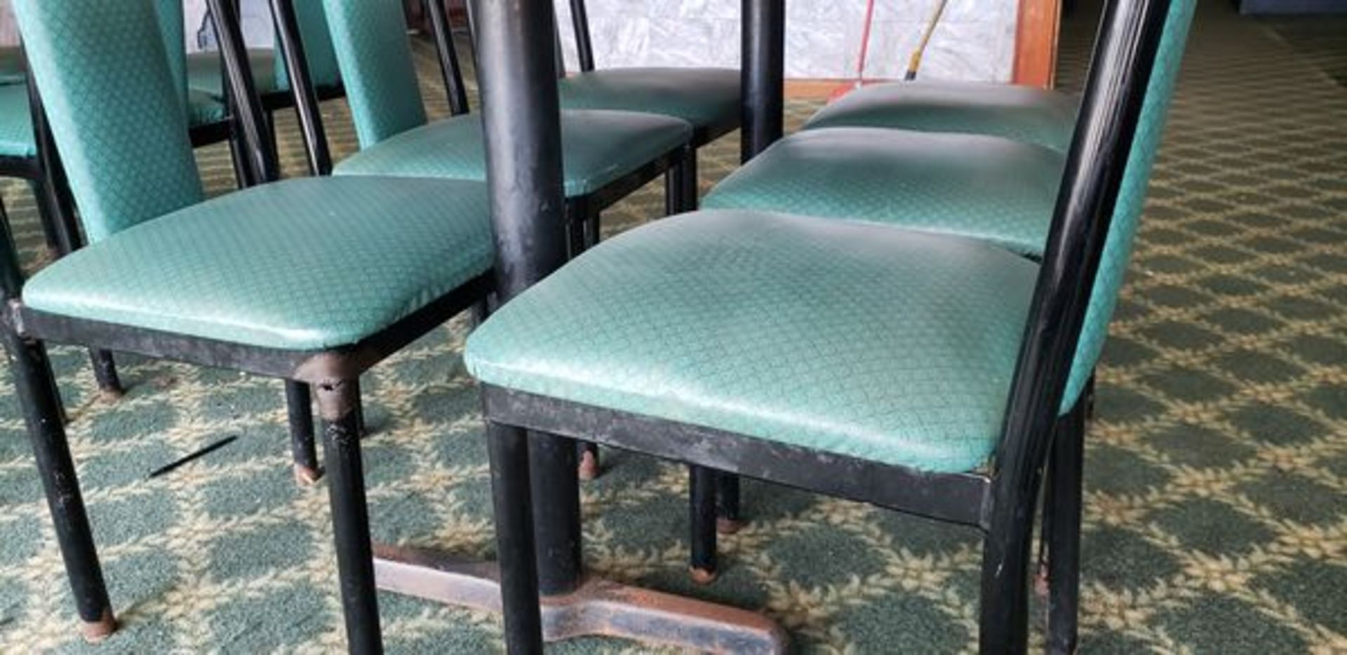UPHOLSTERED METAL FRAME GREEN AND BLACK DINING CHAIRS - Image 7 of 7