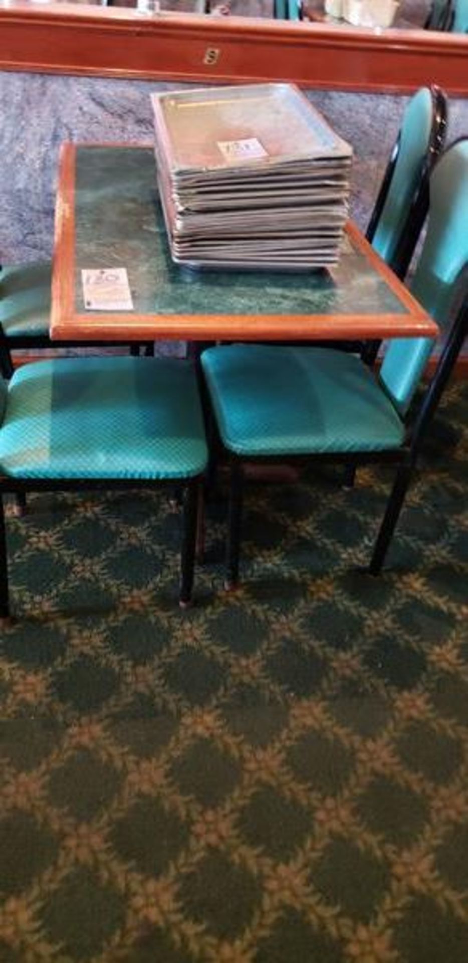 45" X 27" GREEN FORMICA TOP INLAY PEDESTAL TABLE