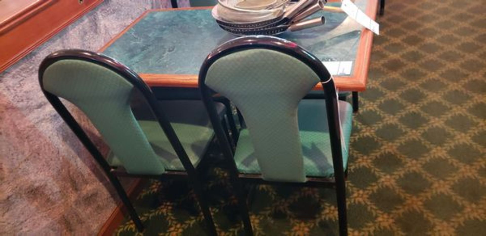 UPHOLSTERED METAL FRAME GREEN AND BLACK DINING CHAIRS - Image 2 of 4