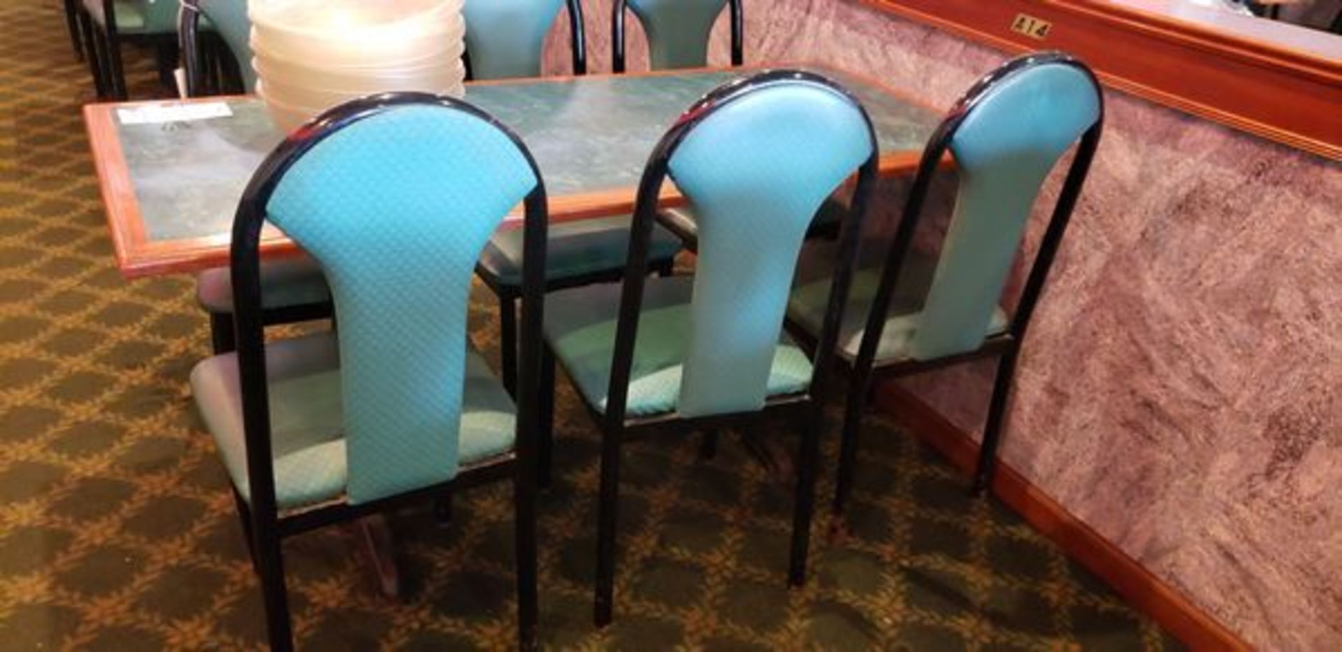 UPHOLSTERED METAL FRAME GREEN AND BLACK DINING CHAIRS - Image 2 of 3