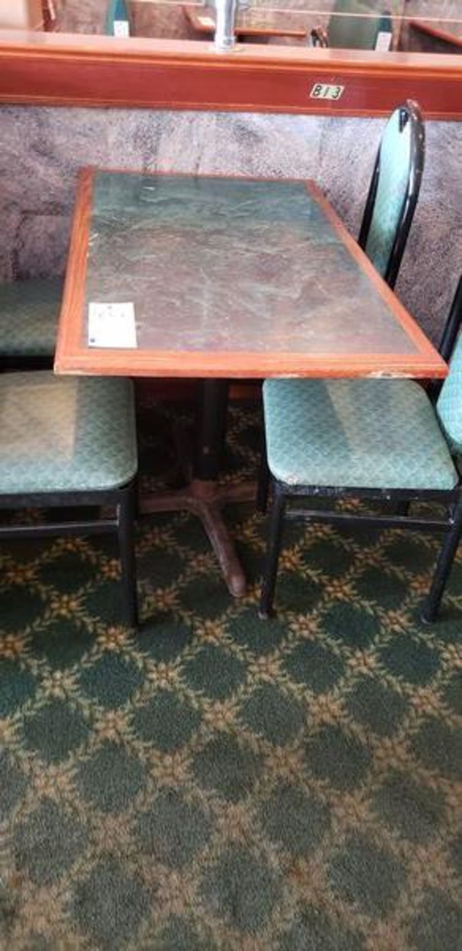 45" X 27" GREEN FORMICA TOP INLAY PEDESTAL TABLE