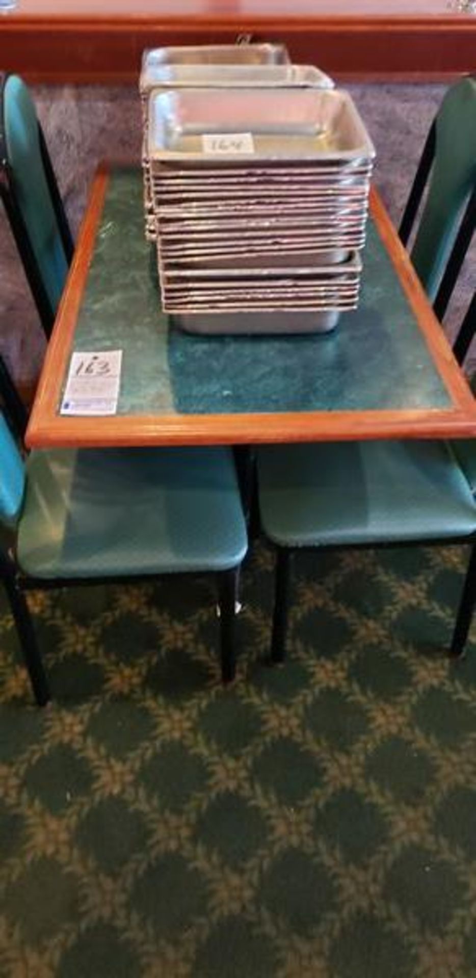 45" X 27" GREEN FORMICA TOP INLAY PEDESTAL TABLE