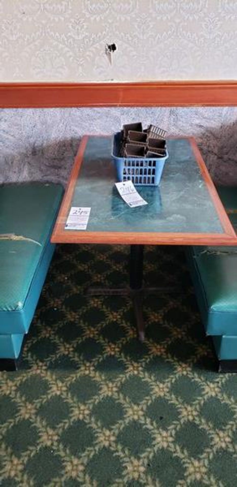 45" X 27" GREEN FORMICA TOP INLAY PEDESTAL TABLE