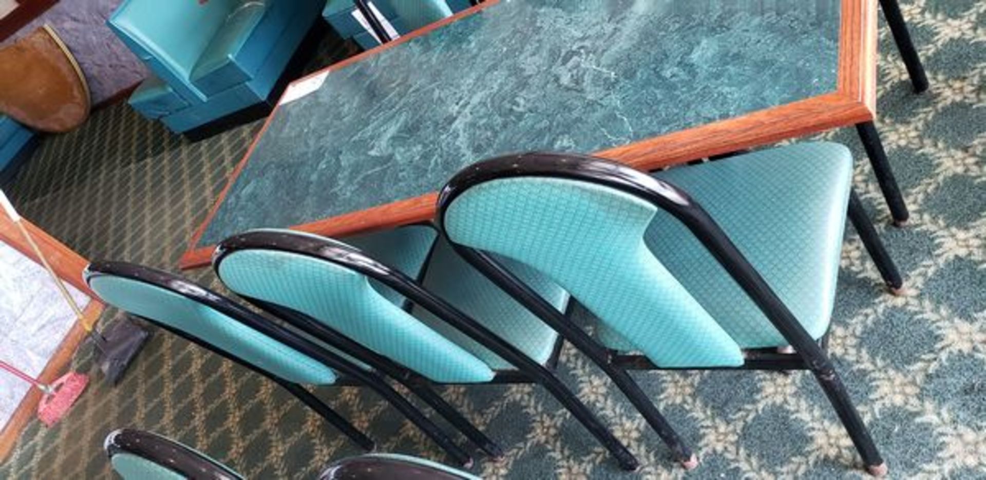 UPHOLSTERED METAL FRAME GREEN AND BLACK DINING CHAIRS - Image 2 of 7