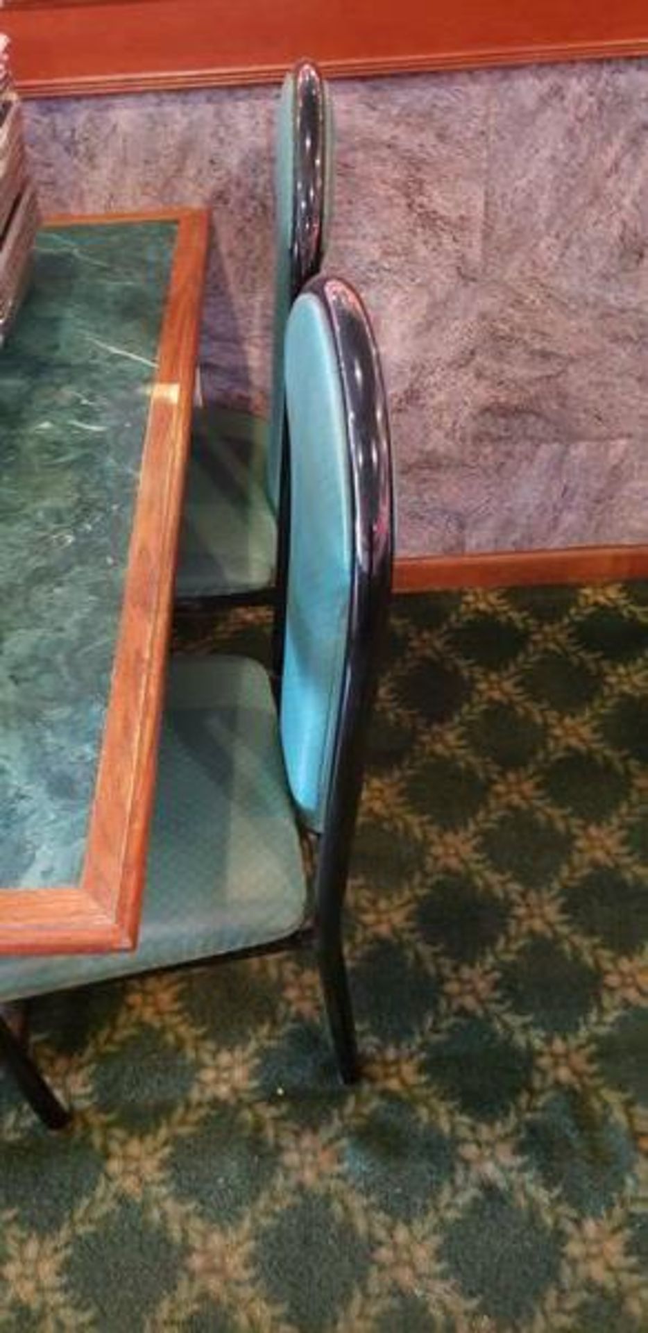 UPHOLSTERED METAL FRAME GREEN AND BLACK DINING CHAIRS - Image 4 of 6