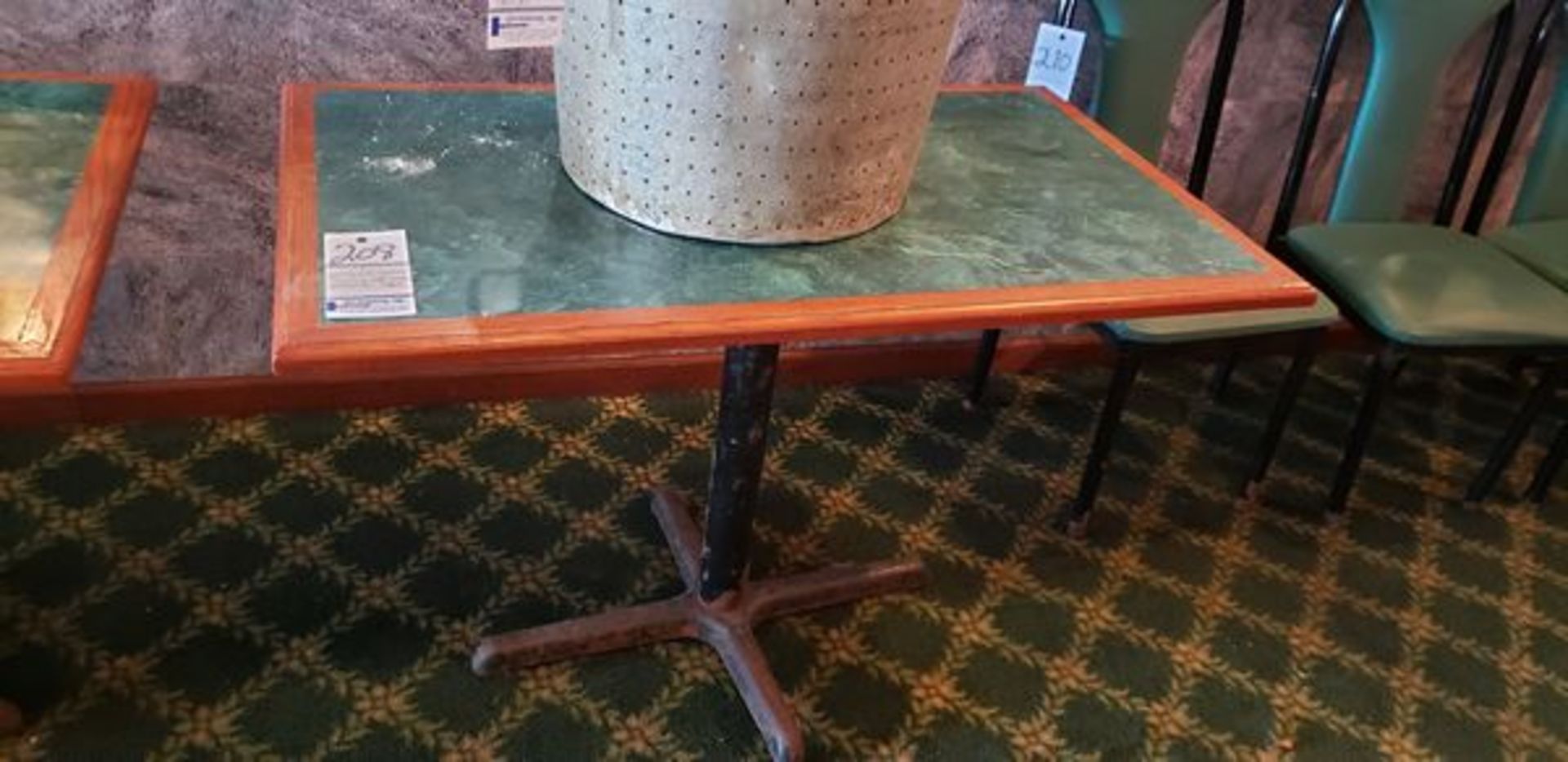 45" X 27" GREEN FORMICA TOP INLAY PEDESTAL TABLE