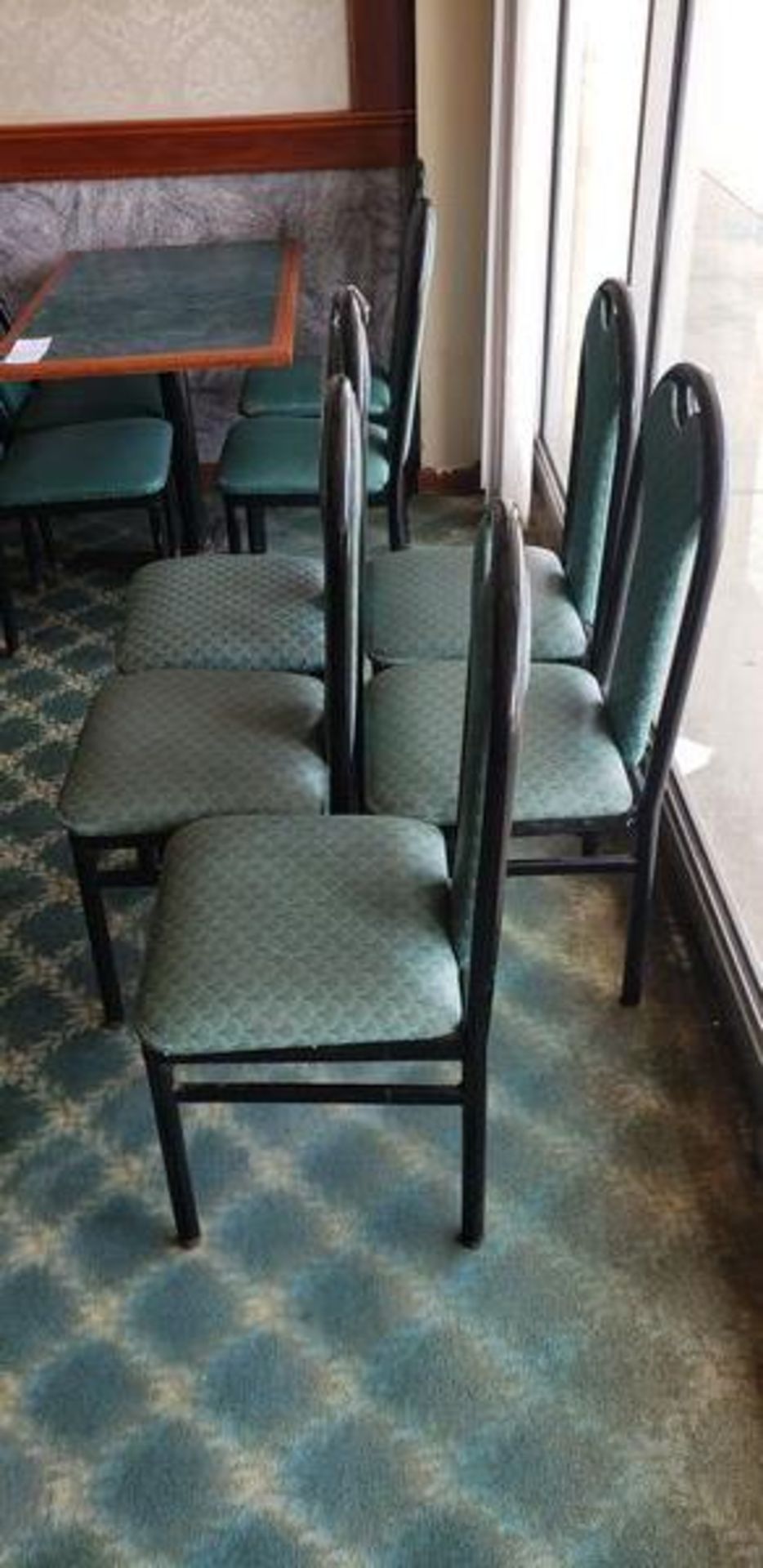 UPHOLSTERED METAL FRAME GREEN AND BLACK DINING CHAIRS