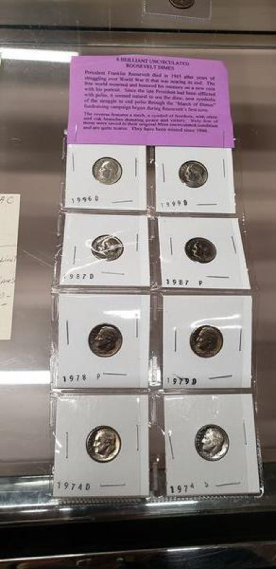 LOT OF 8 BRILLIANT UNCIRCULATED ROOSEVELT DIMES 1974 D AND S, 1978P, 1979D, 1987 D AND P, 1996D AND