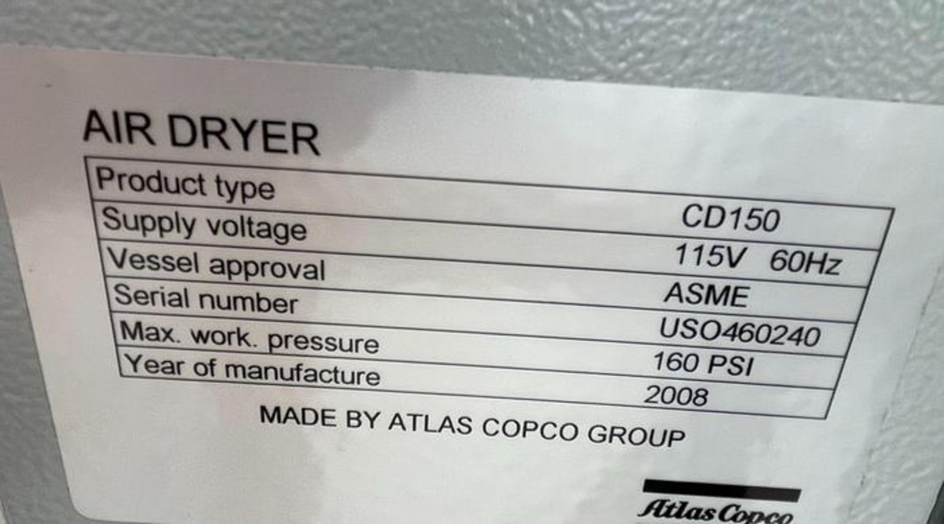 1-NEVER USED ATLAS COPCO MODEL CD150 DESICCANT COMPRESSED AIR DRYER, SERIAL NUMBER USO460240 - Image 4 of 4