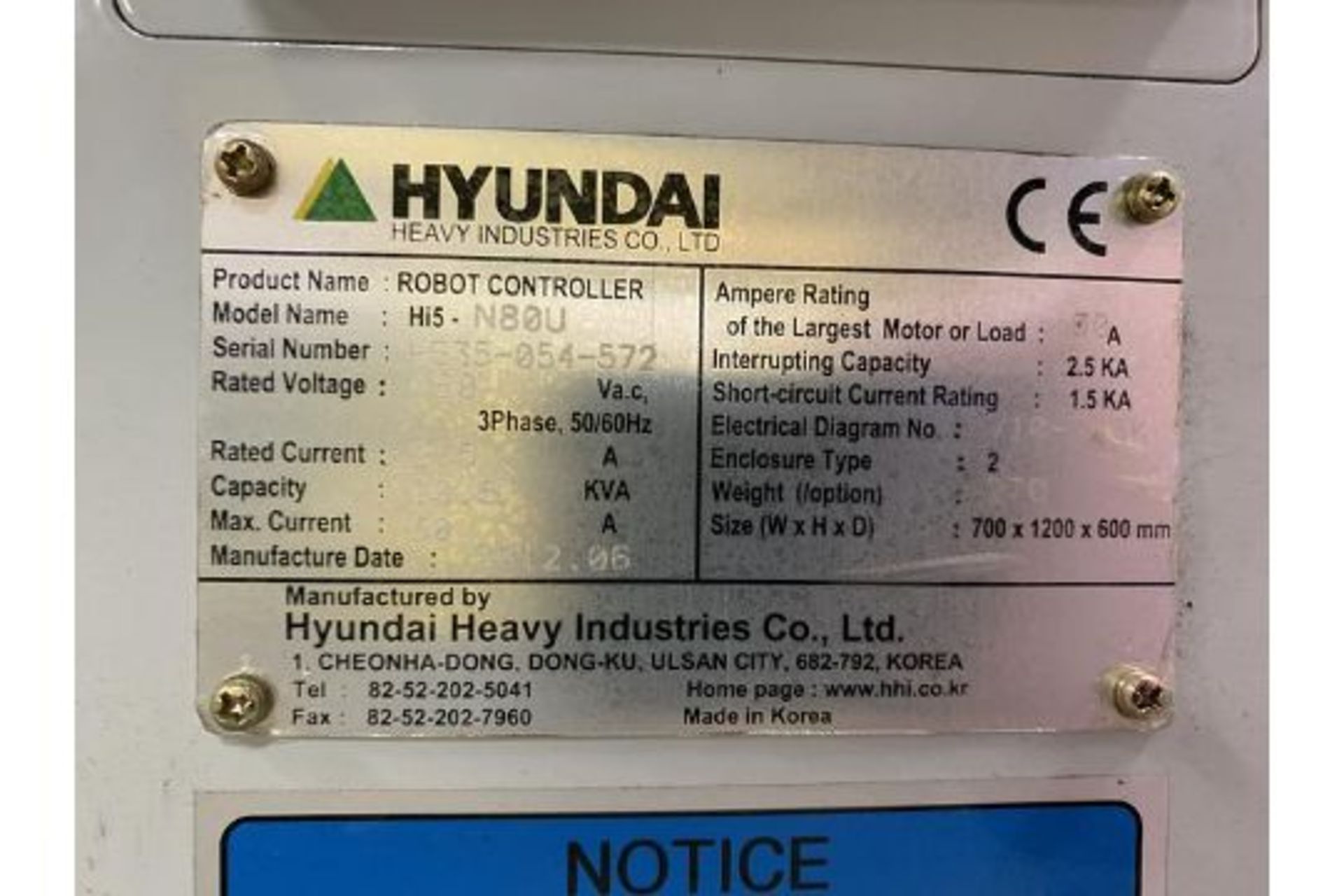 HYUNDIA ROBOT MODEL HX400 400KG X 2573MM H REACH WITH Hi5-N80U CONTR, YEAR 2012, SN HB35-054-572 - Image 16 of 25