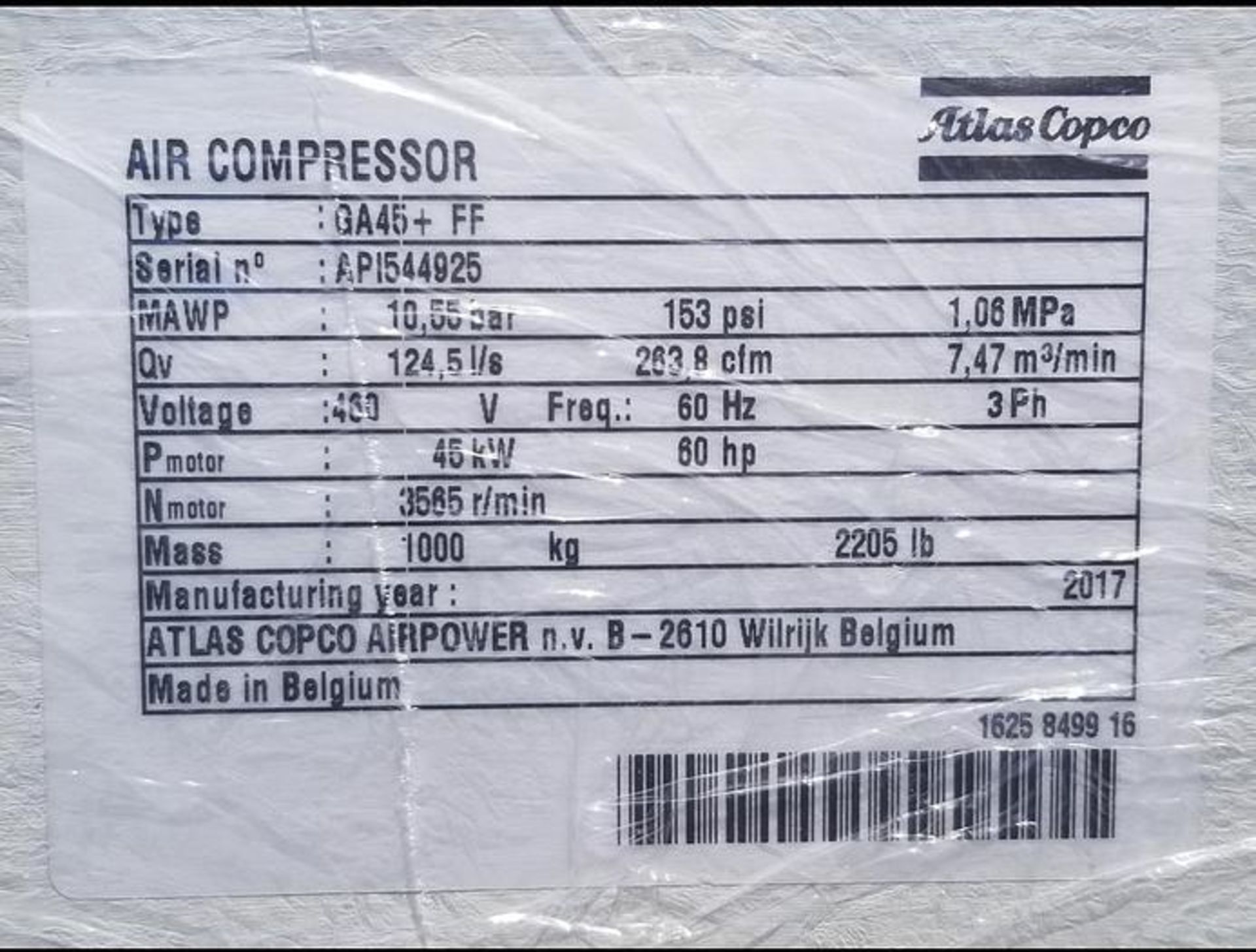 2017 ATLAS COPCO GA45 60HP SCREW COMPRESSOR ONLY 8 HOURS USE - Image 3 of 3