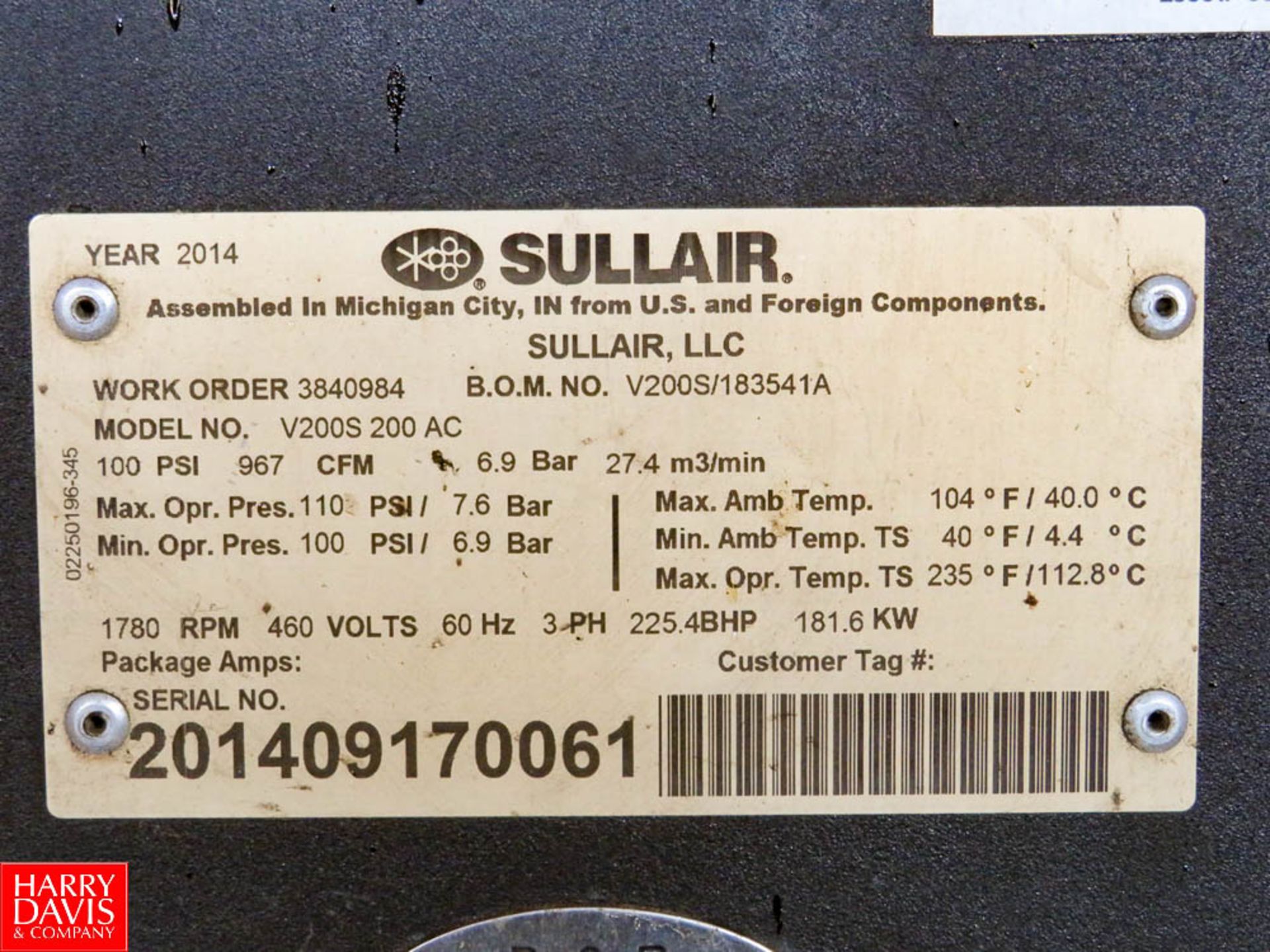 2014 Sullair 124 Hp. 1780 RPM Screw Air Compressor, Model V-200S 200AC Rigging Fee: $750 - Image 3 of 4