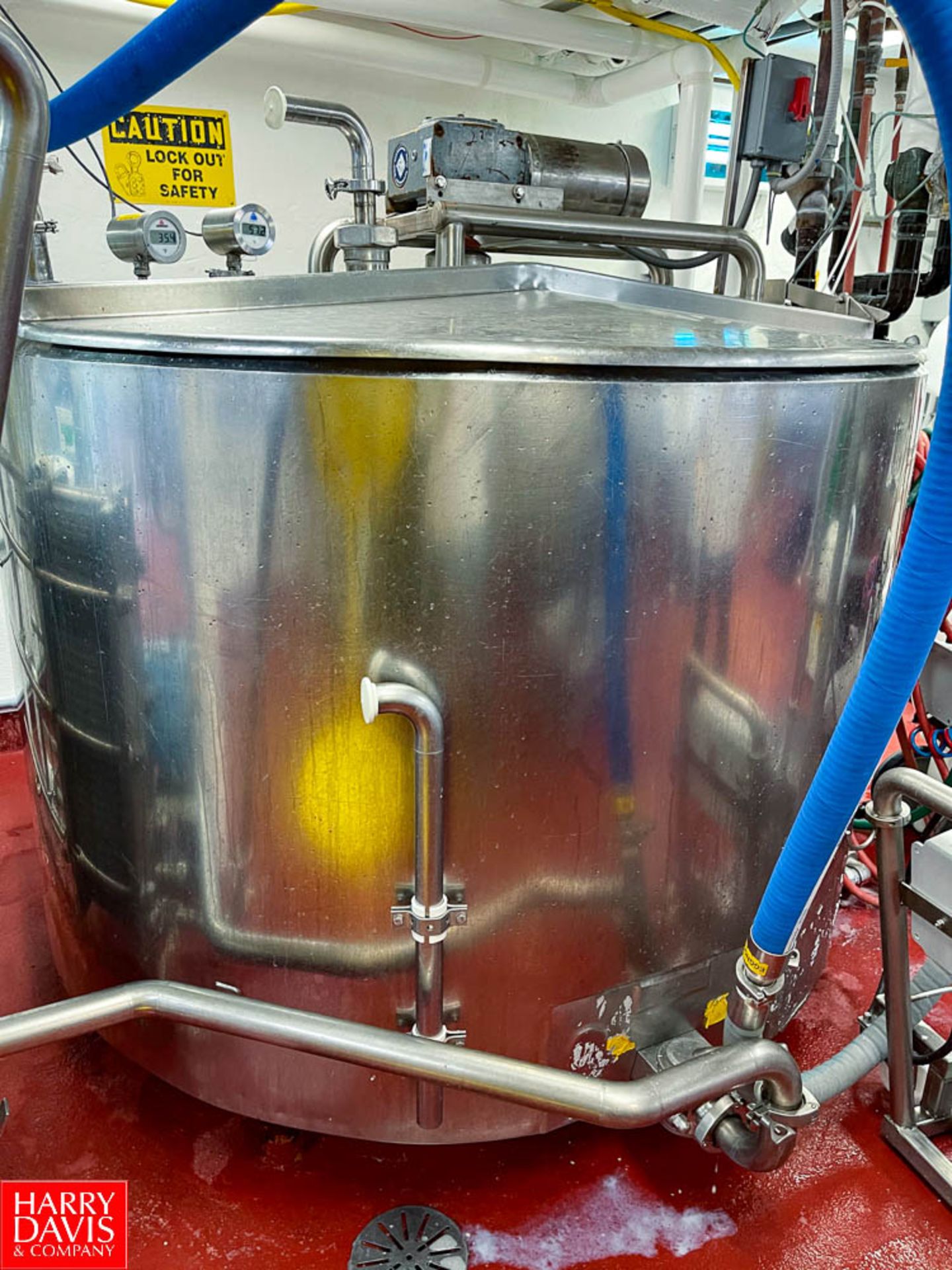 500 Gallon Dual Hinged-Lid Jacketed S/S Vat Pasteurizer (Vat # 1), with Vertical Agitation, S/S Leak