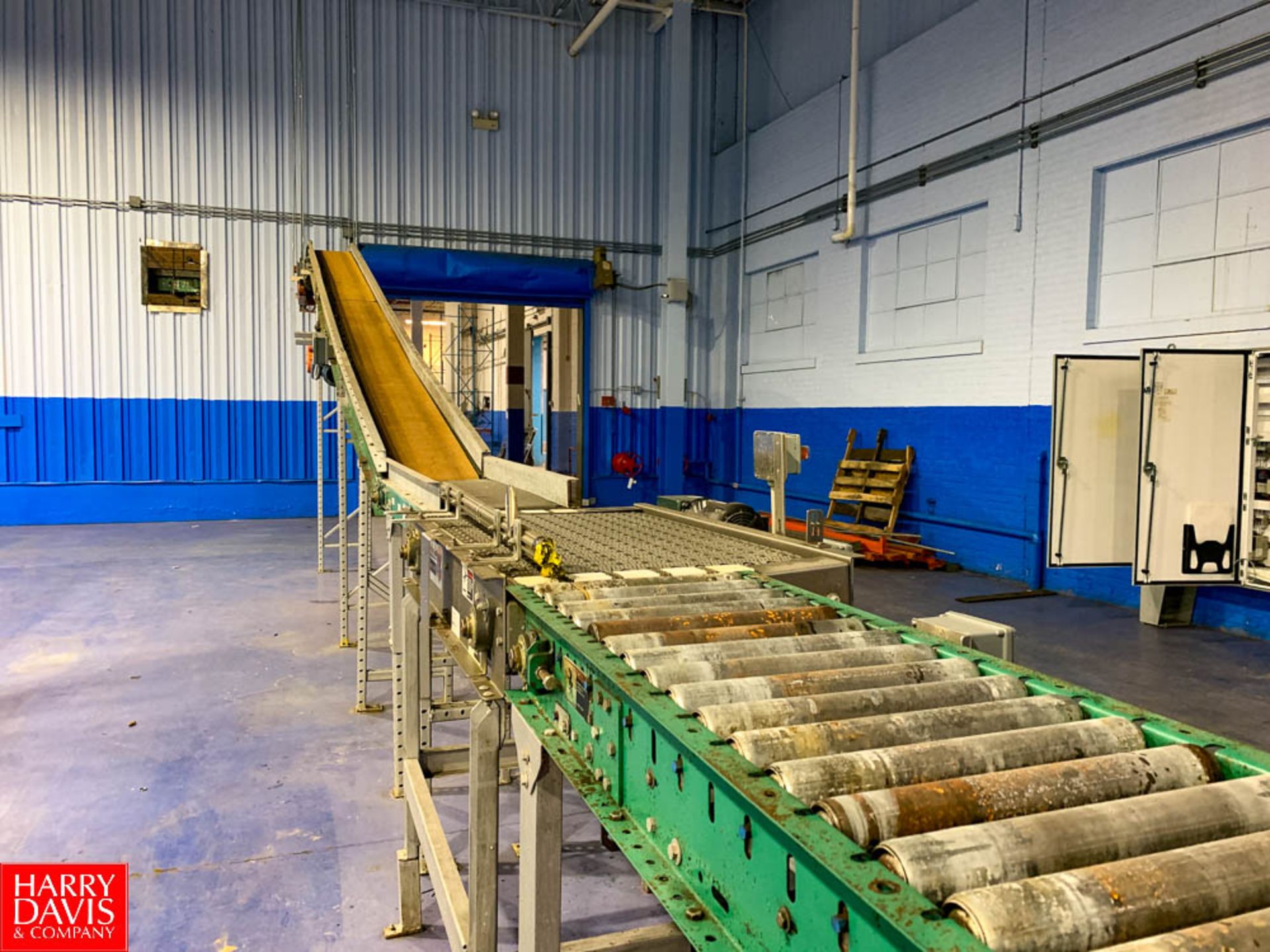 Approx.. 100' X 15" Wide Inclined Power Belt Conveyor with 90 Deg Turns and Drives to Palletizer
