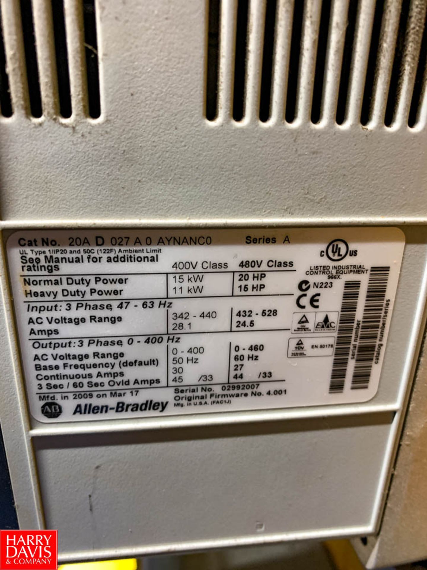 Allen Bradley 20 HP Powerflex 70 Variable Frequency Drive Rigging Fee:$50 - Image 2 of 2
