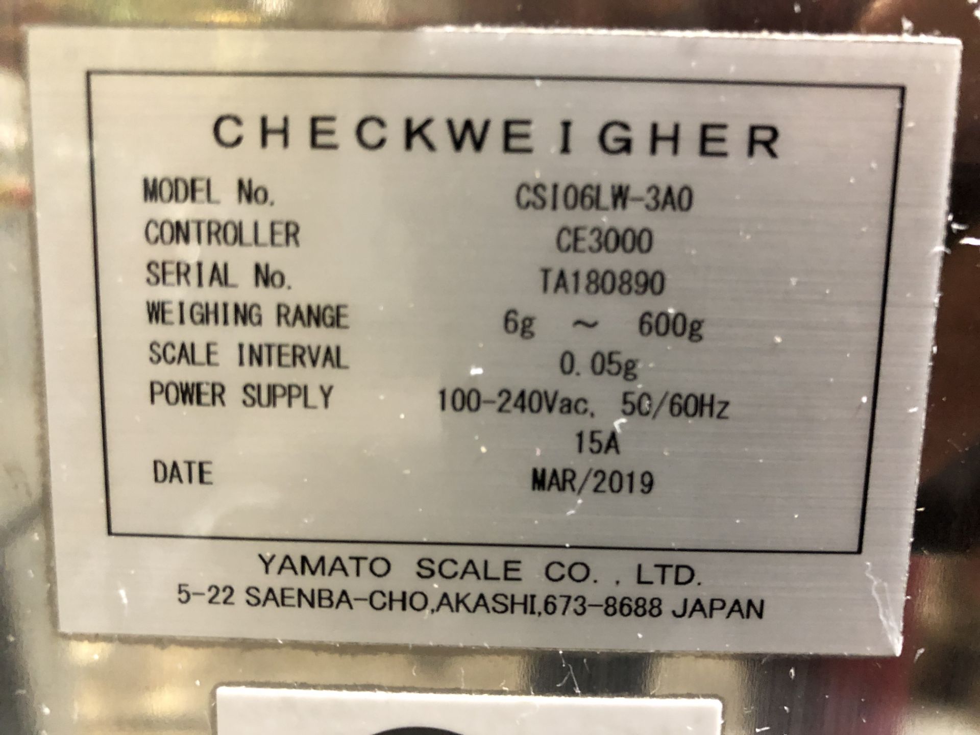 2019 Yamato S/S Checkweighers, Model: CE3000, Weighing Range 6g – 600g, S/N: TA180890 Rigging - Image 2 of 3