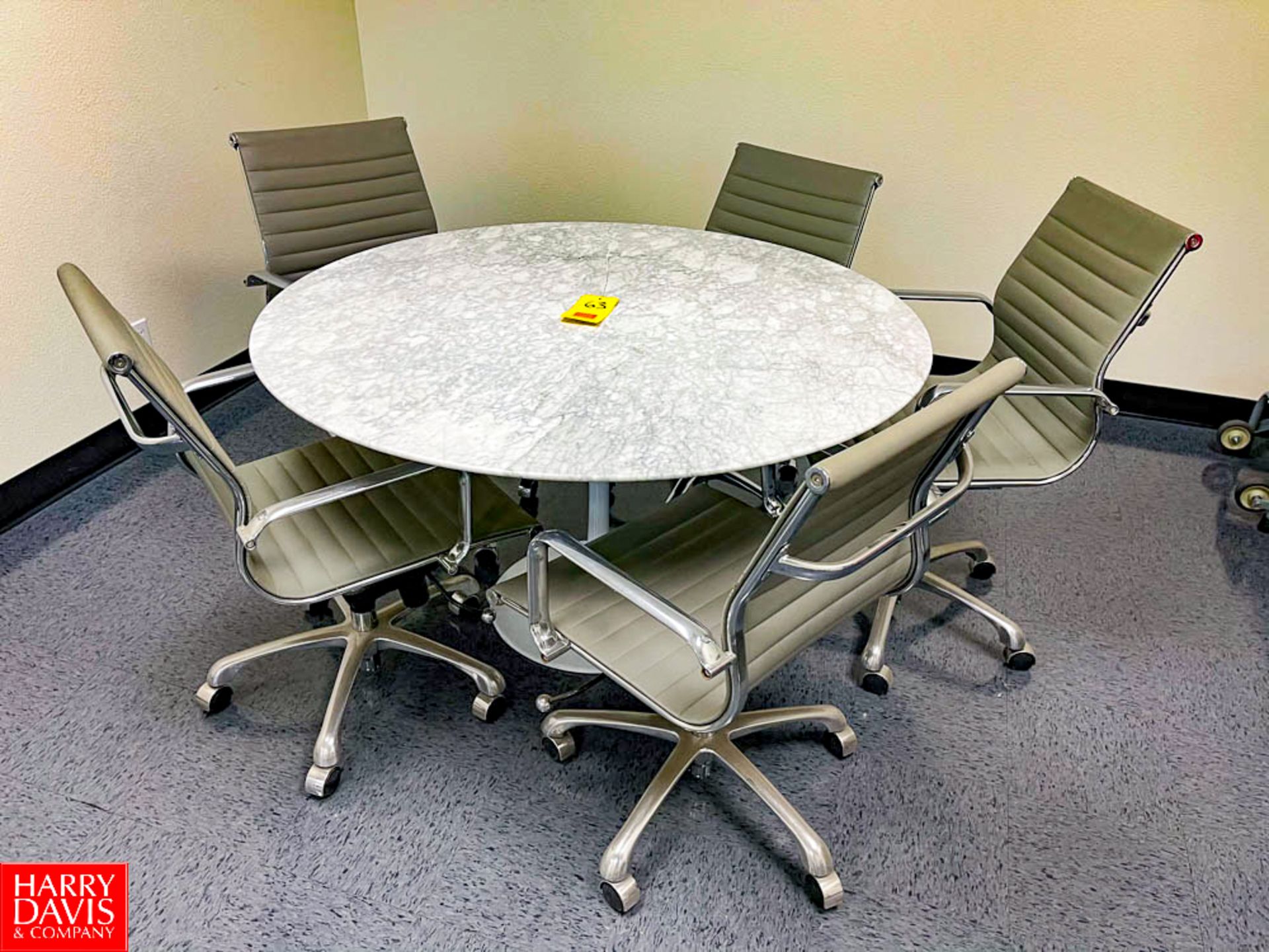 52"" Marble-Top Round Table with (5) Leather Chairs on Casters. Rigging Fee: $100
