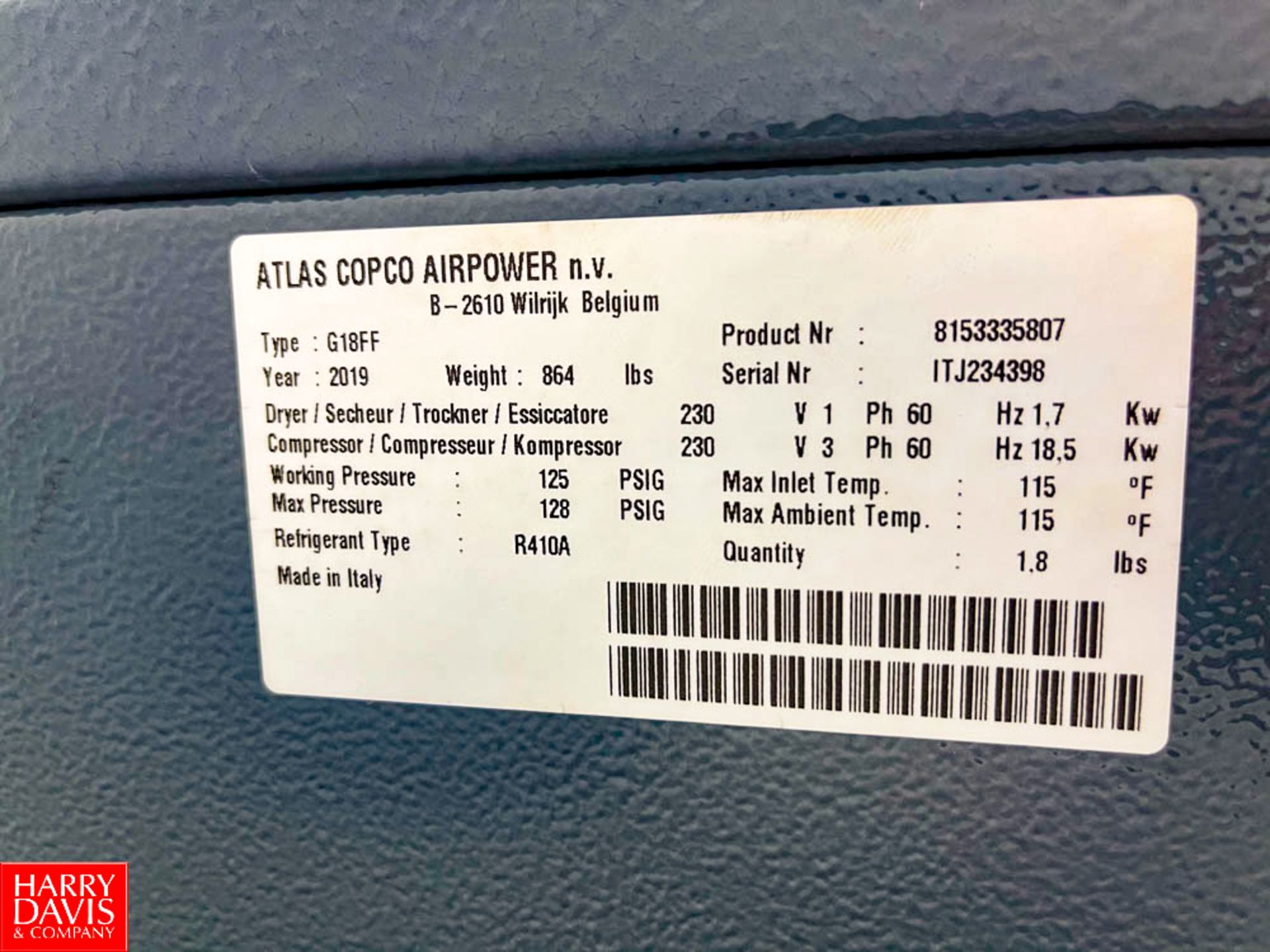 2019 Atlas Copco 30 HP Air Compressor Model G18FF : SN ITJ234398, with GE 60 Amp Safety Switch, 6 - Image 3 of 5