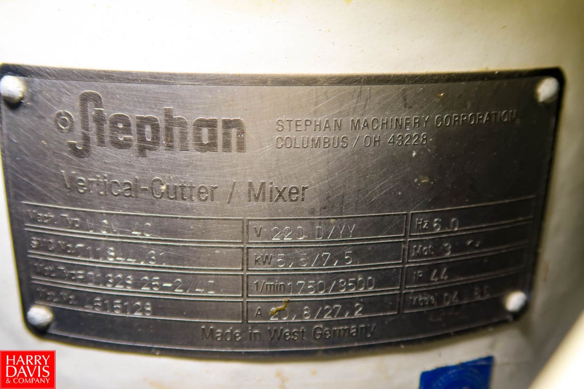 Stephan Machinery Vertical Cutter Mixer Model: VCM40, 20" Dia. X 11" Bowl, 5.5/7.5 kw, 1750/3500 - Image 3 of 3