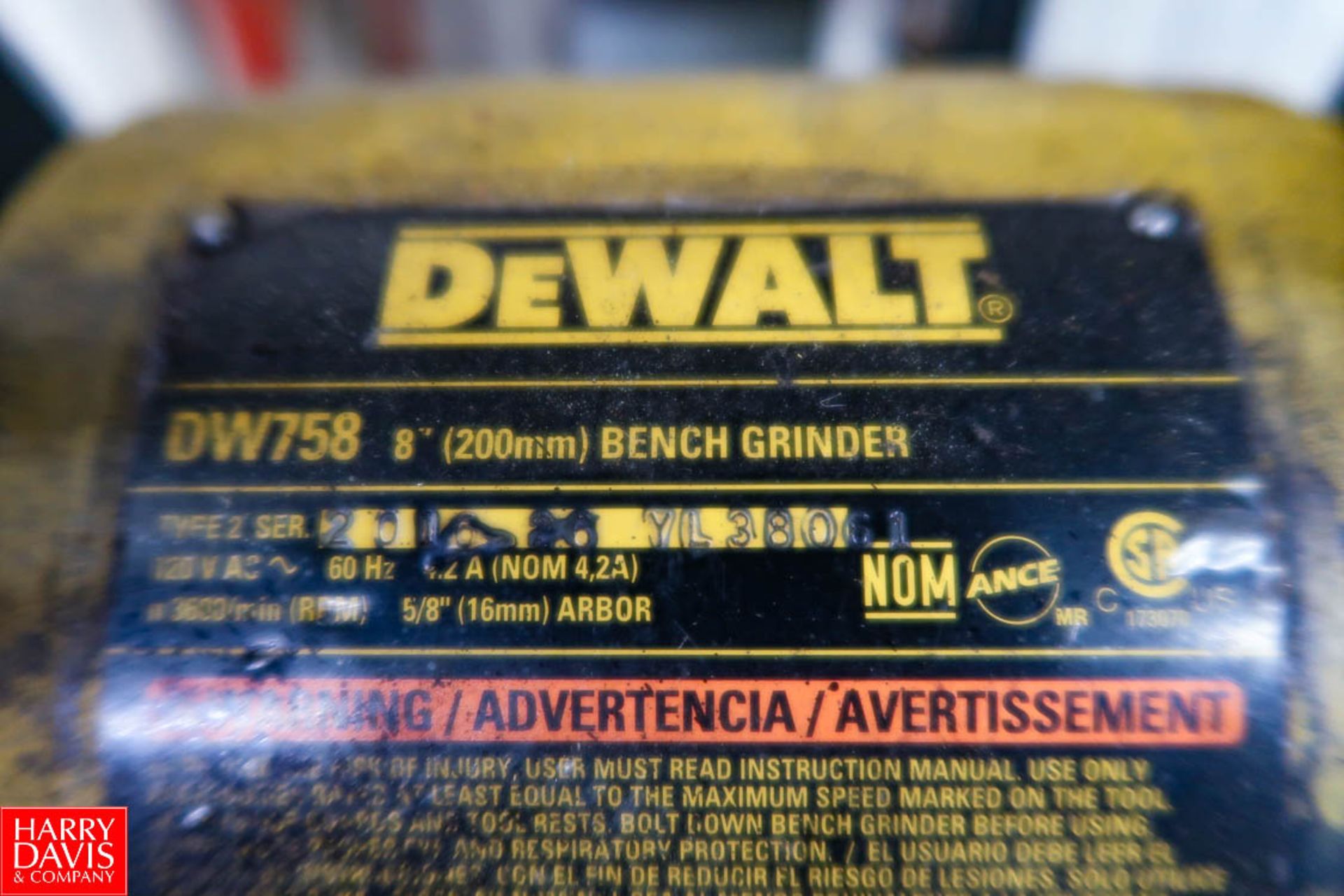 DeWalt 8" Pedestal Grinder Model: DW758, 5/8" Arbor, 3500 RPM, 120V, 1PH. Rigging Fee: $ 50.00 - Image 3 of 3