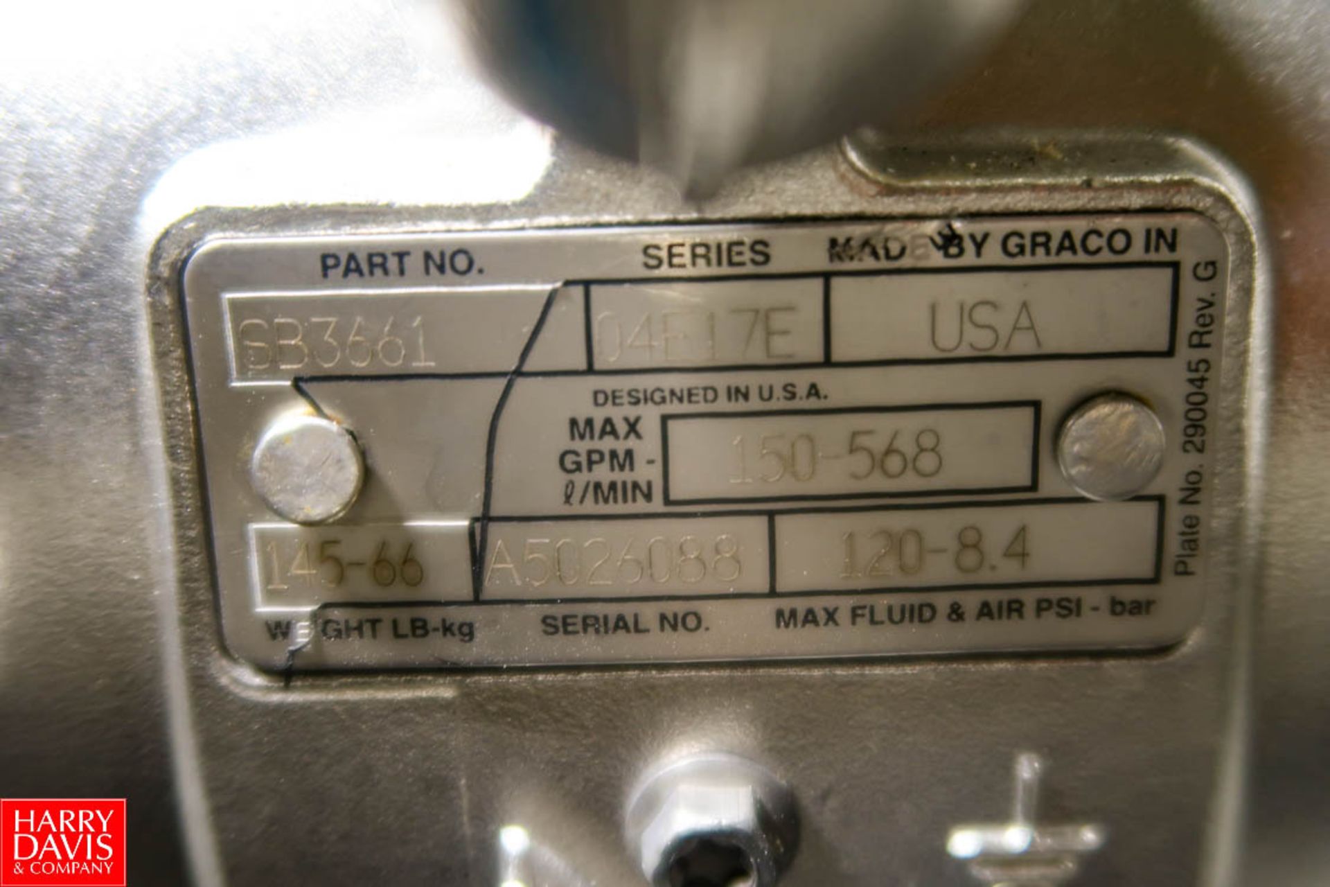 Graco S/S Diaphragm Pump Model: SB3661 S/N: A5026088 04E17E Series, 150 GPM/568 Liters/min, 120 PSI/ - Image 3 of 3