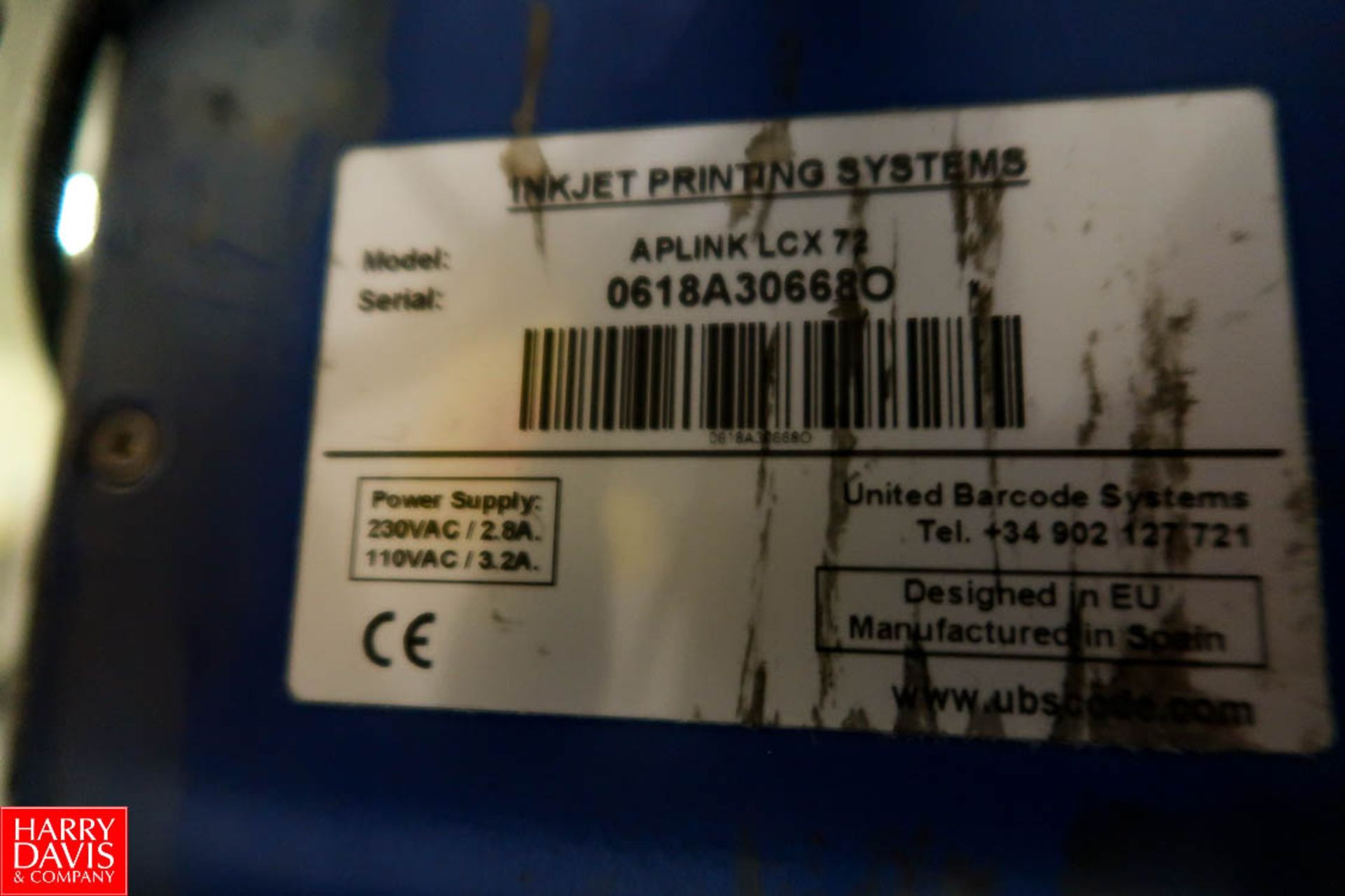 United Barcode Systems Barcode Inkjet Printer Model: APLINK LCX72 S/N: 0618A30668O. Rigging Fee: $ - Image 4 of 4