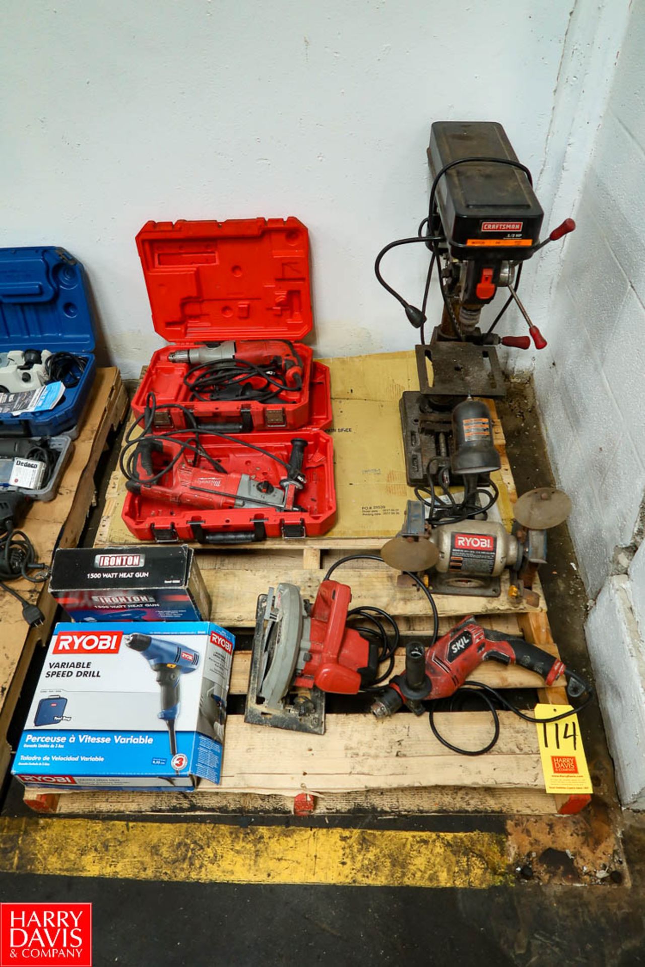Pallet of Power Tools (1) Craftsman 10" Benchtop Drill Press, (1) Ryobi Model BGH6110 6" Bench