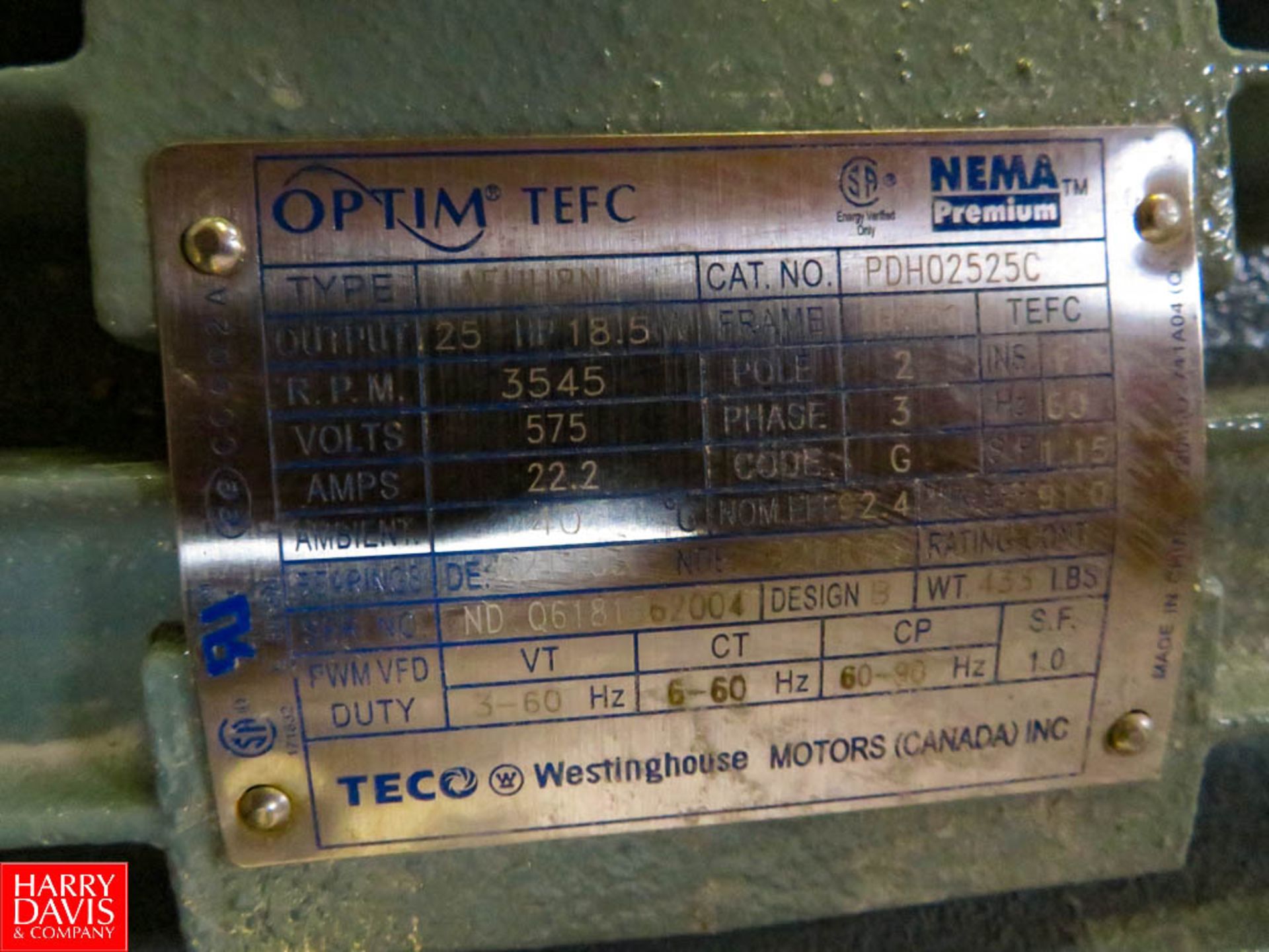 NEW OPTIM TEFC Motor, 25 HP, 3,500 RPM, 22.2 Amps, CAT#PDH02525C, Frame: 284TSC, S/N: ND Q6181562004 - Image 2 of 2