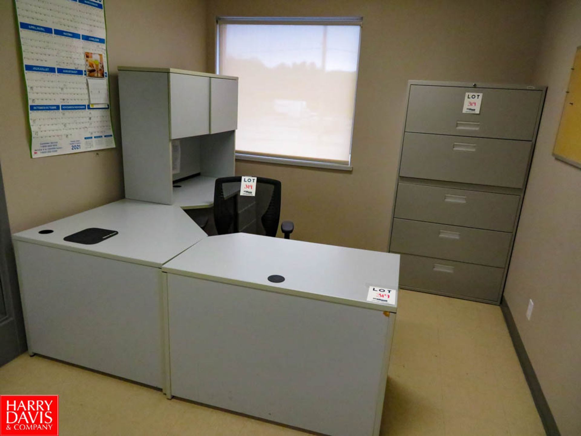 Office Desk, Chair, (2) Filing Cabinets, Cork Board Rigging Fee: $140