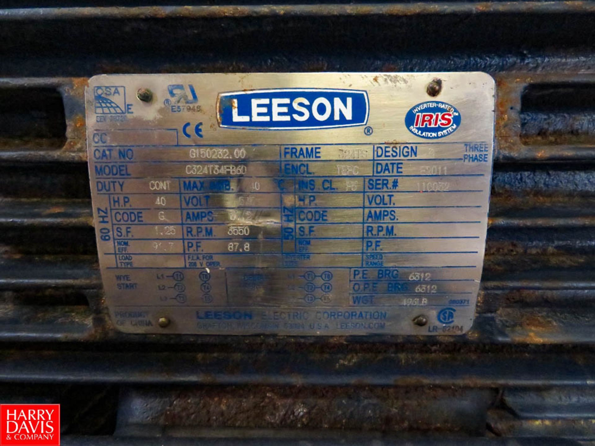 Leeson 40 HP, 3,500 RPM, 3 Phase Motor, S/N: 110032 Rigging Fee: $35 - Image 2 of 2