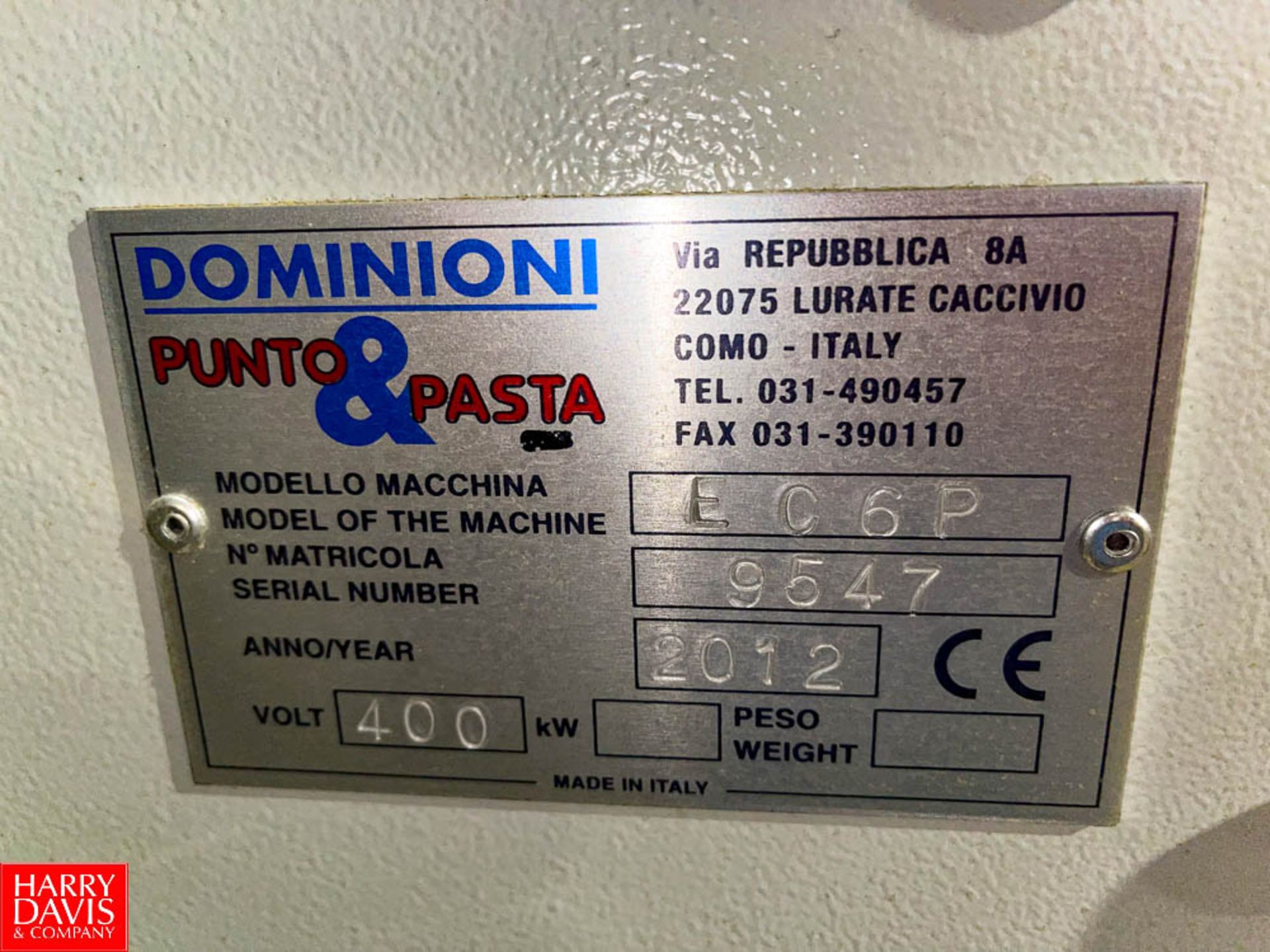 2012 Dominioni Pinto; Pasta S/S Dryer Model: EC69, S/N: 9547, With 38" Wide Belt, Allen Bradley - Image 6 of 7