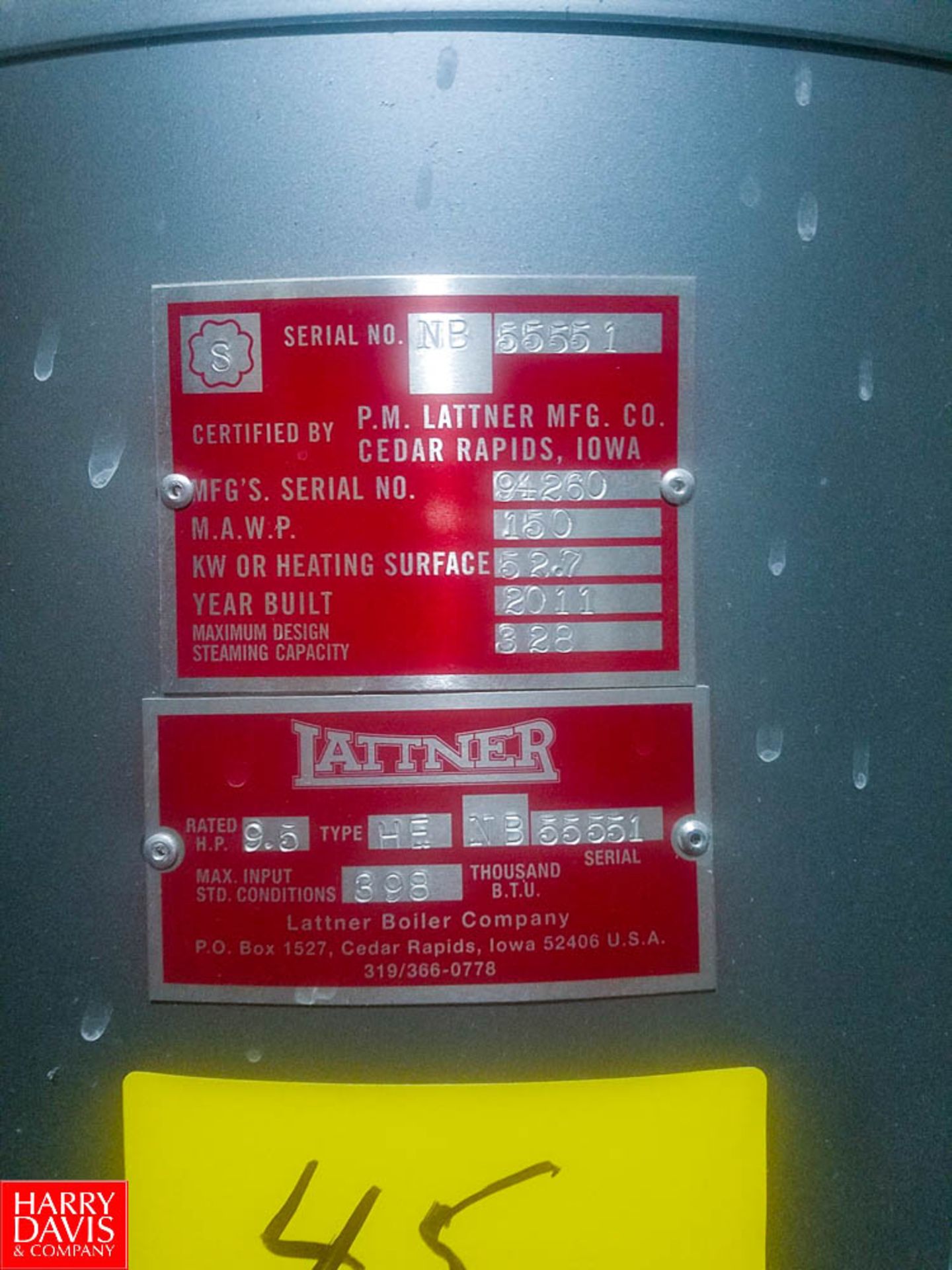 2011 Lattner Vertical Natural Gas Steam Boiler Type HE, S/N: 94260, 9.5 HP, 398,000 BTU, 150 PSI - Image 2 of 2