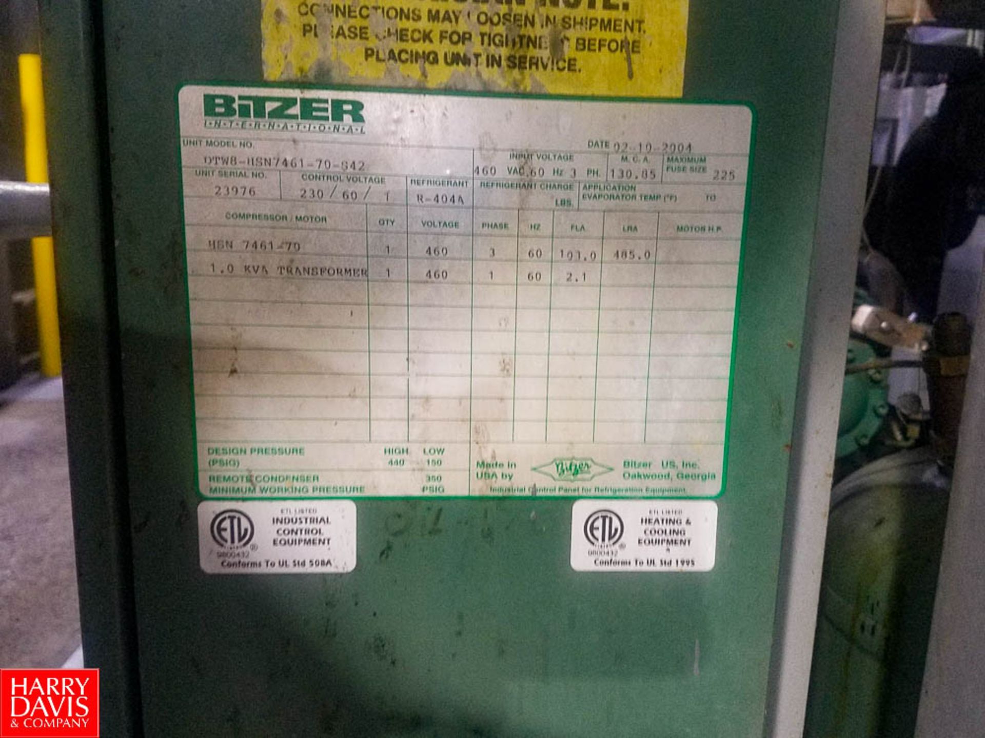 Bitzer Water Cooled Freon Condensing Package Model: DTWS-HSN7461-S42. S/N: 23976 Rigging Fee: $ - Image 2 of 2