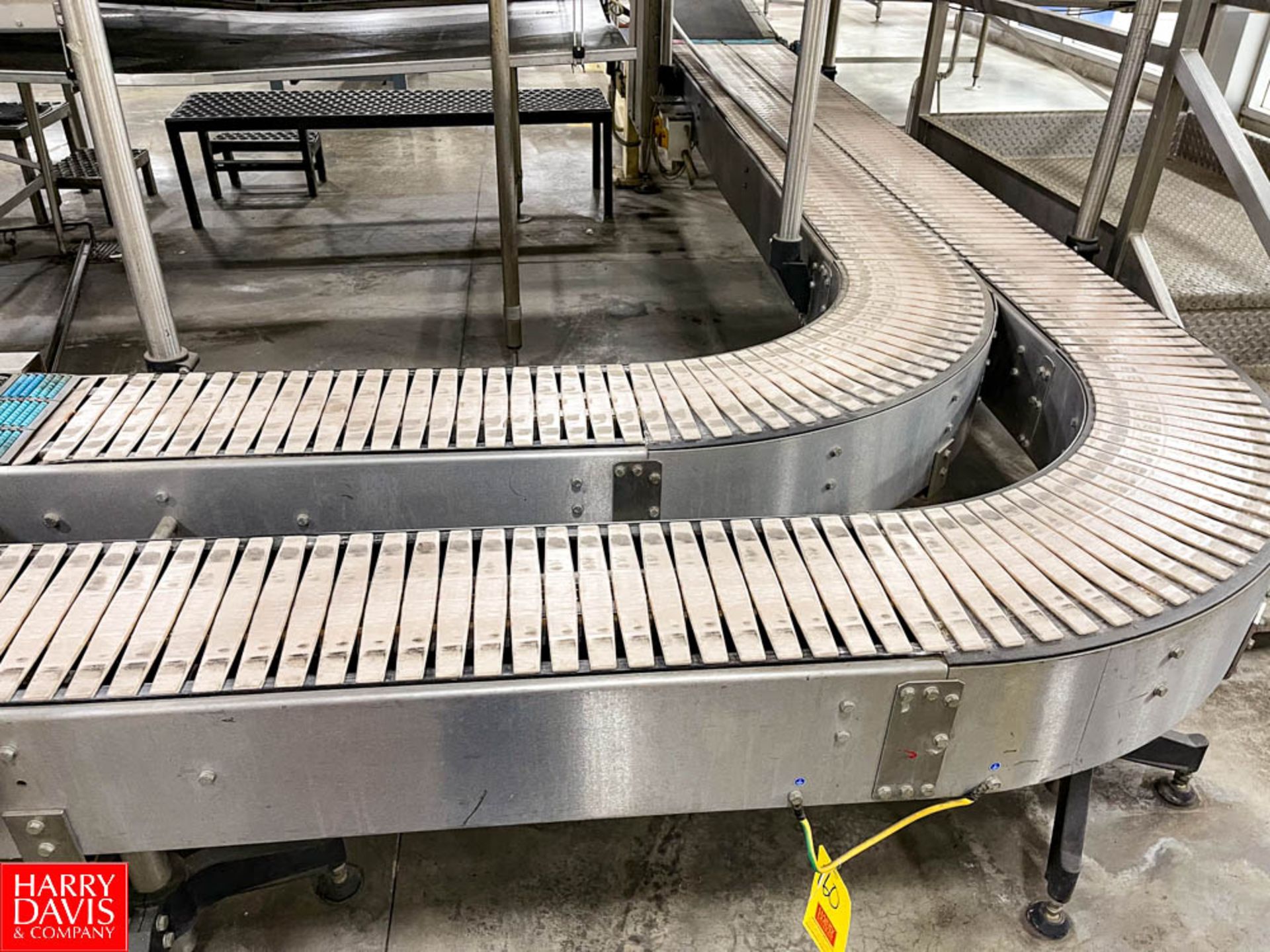 Over 22' S/S Dual Lane Conveyor with 90 Degree Turn Drive with 10"" Wide Plastic Table Top