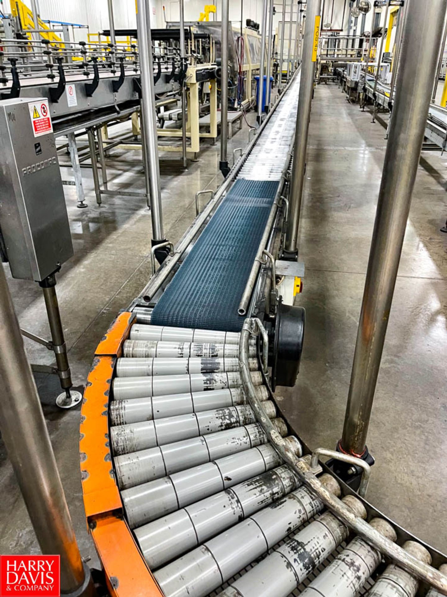 180 Degree Power Roller Conveyor section with Belt Conveyor with Over 60' Power Roller Conveyor up