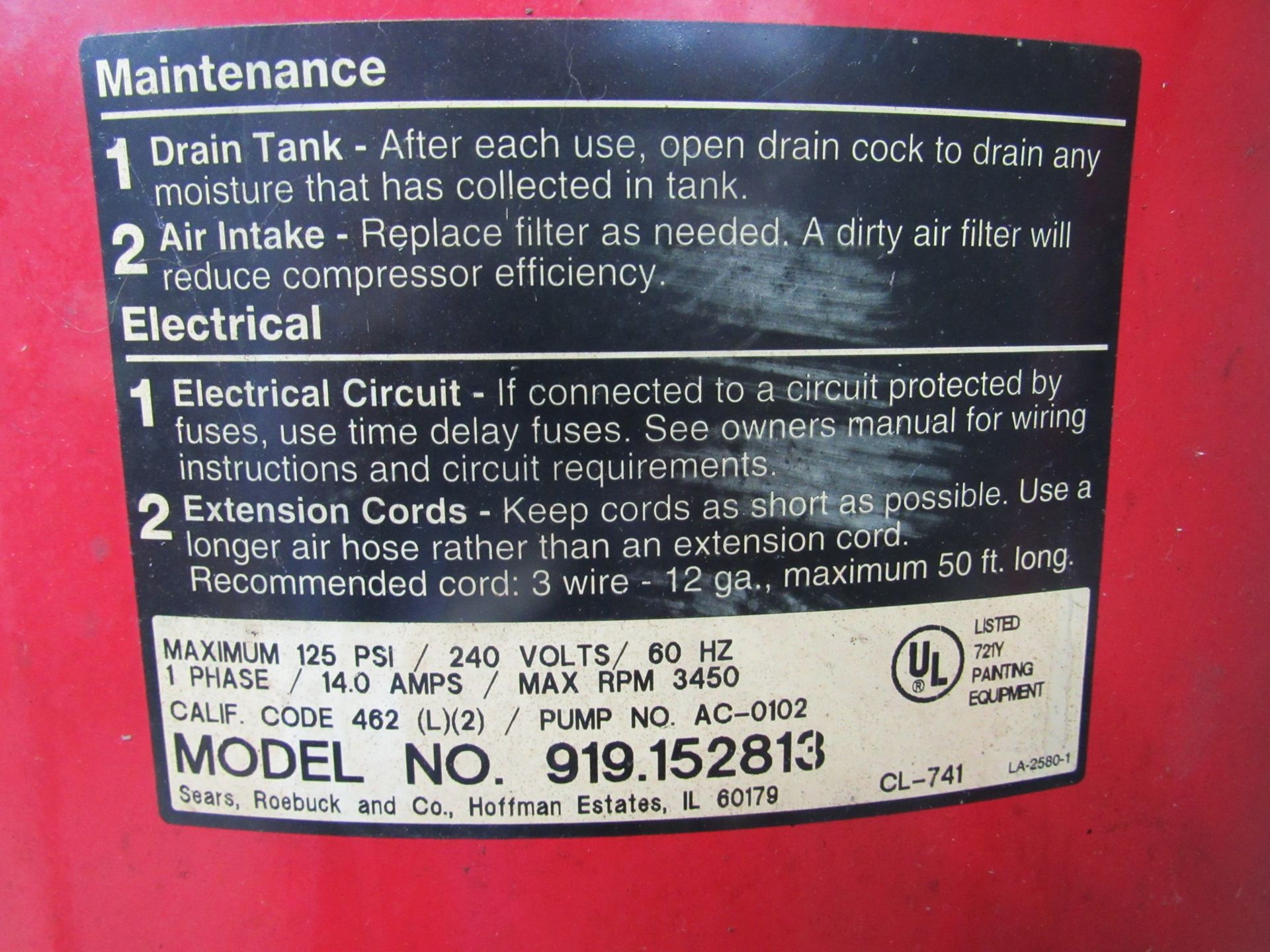 Sears Craftsman 60 Gallon Air Storage Tank - Image 2 of 3