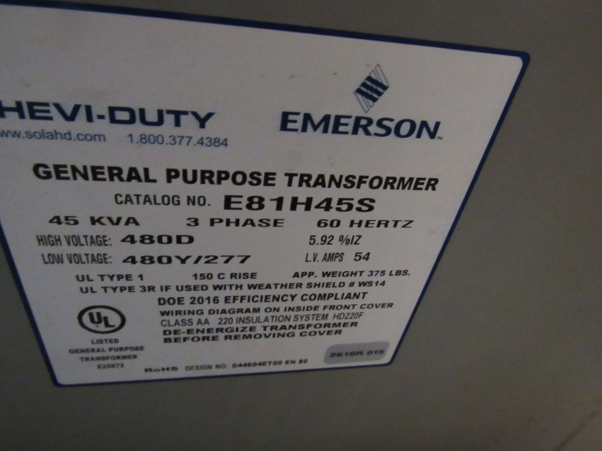 45 KVA Heavy-Duty Emerson Transformer - Bild 2 aus 3