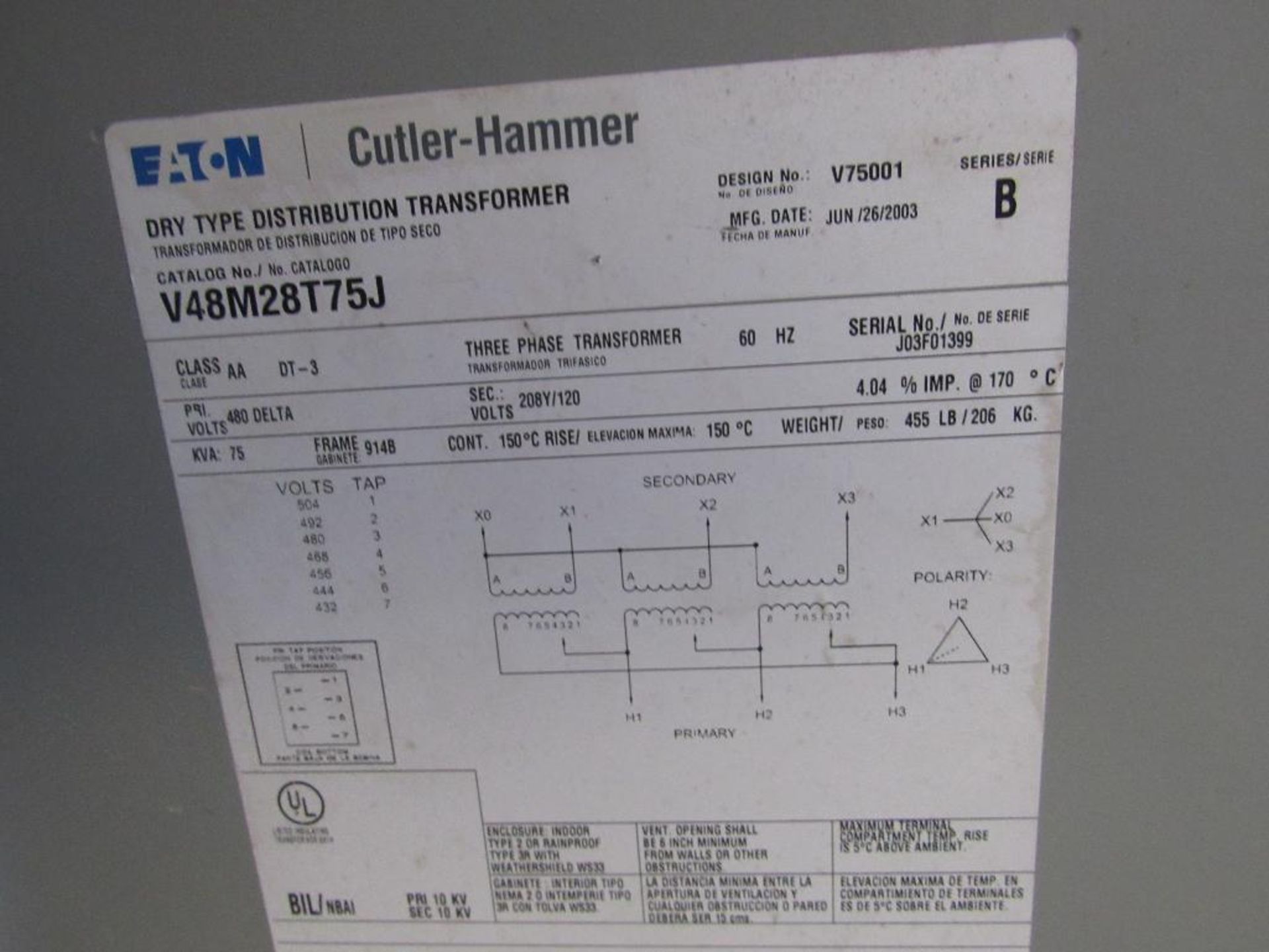 Eaton Cutler-Hammer Transformer - Image 3 of 3