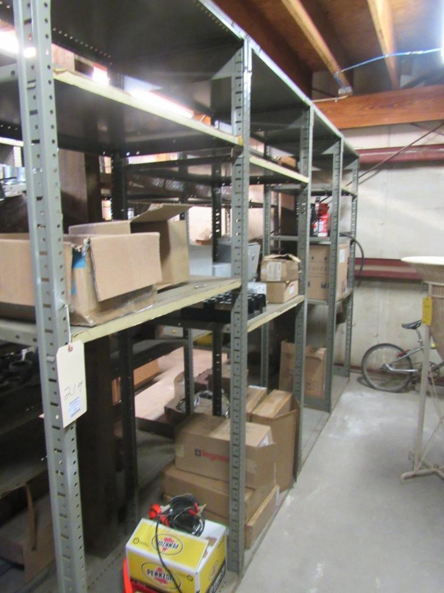 Lot: Electrical Components and Misc Shop Items with Shelving