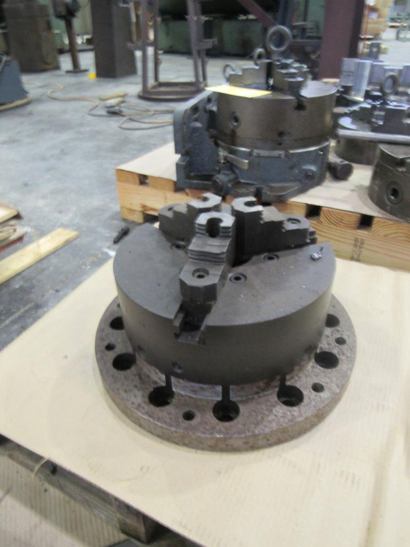 12" 3-Jaw Buck Chuck with 3" Thru-Hole mounted on custom 16" base; 12 holes, 1-1/4" with 3/4" dia. - Image 3 of 3