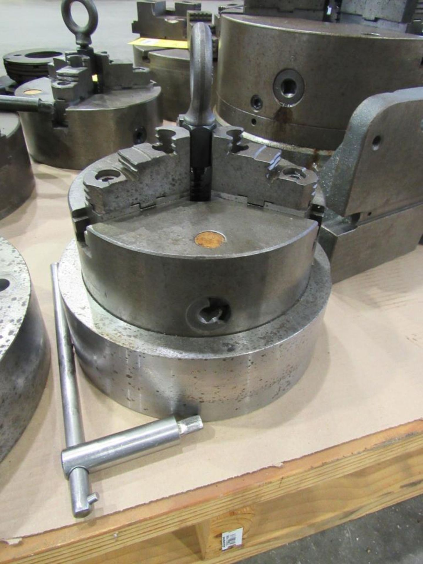 8" 3-Jaw Chuck with 2" Thru-Hole, 1897/95, mounted on 10" adapter plate 3" thick