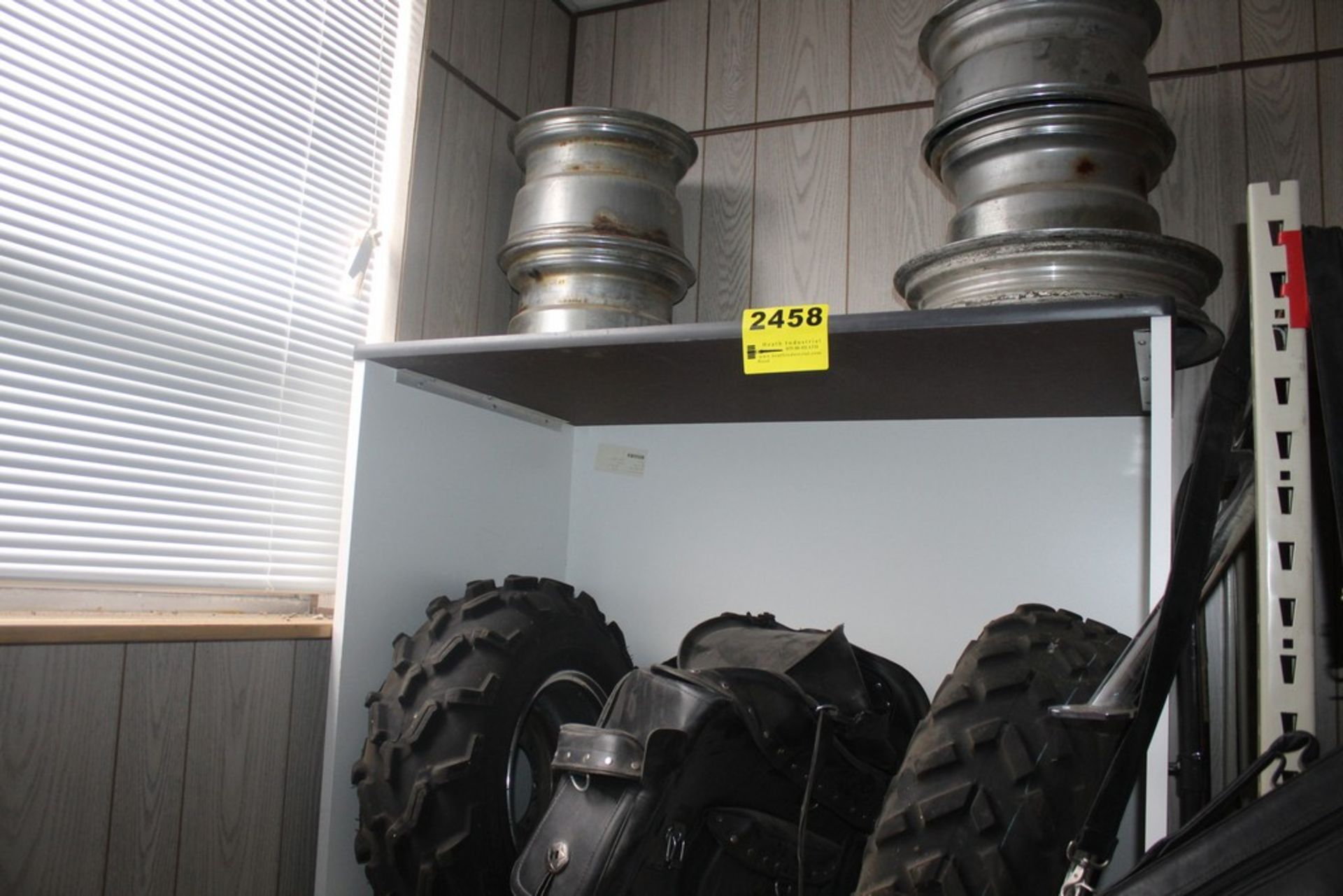 ASSORTED MOTORCYCLE PARTS, TIRES, RIMS, ETC. WITH CABINET