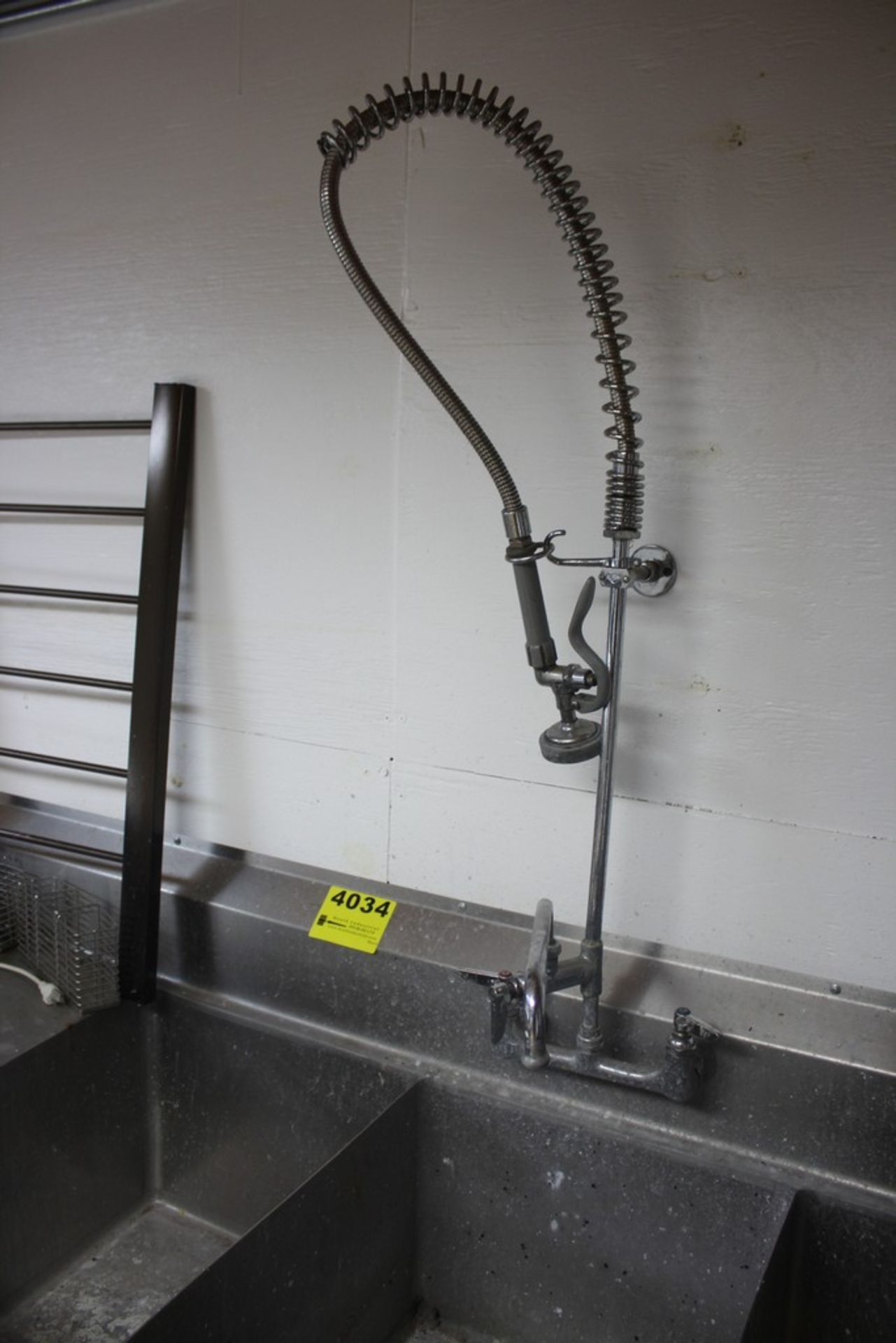 STAINLESS STEEL THREE COMPARTMENT SINK, 102" X 30" X 36", WITH FAUCET, WALL MOUNT PRE-RINSE UNIT - Image 2 of 2