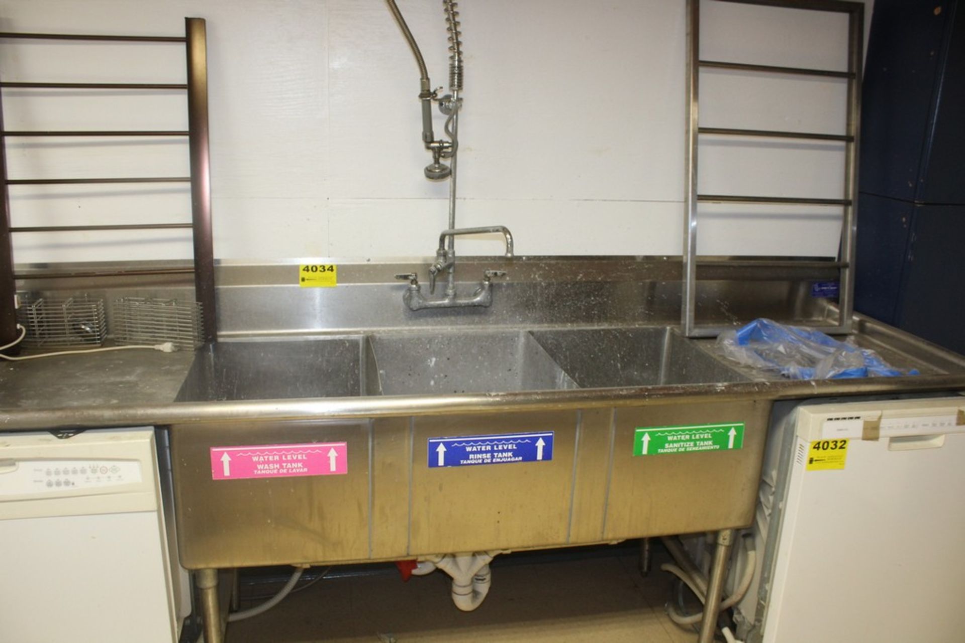 STAINLESS STEEL THREE COMPARTMENT SINK, 102" X 30" X 36", WITH FAUCET, WALL MOUNT PRE-RINSE UNIT