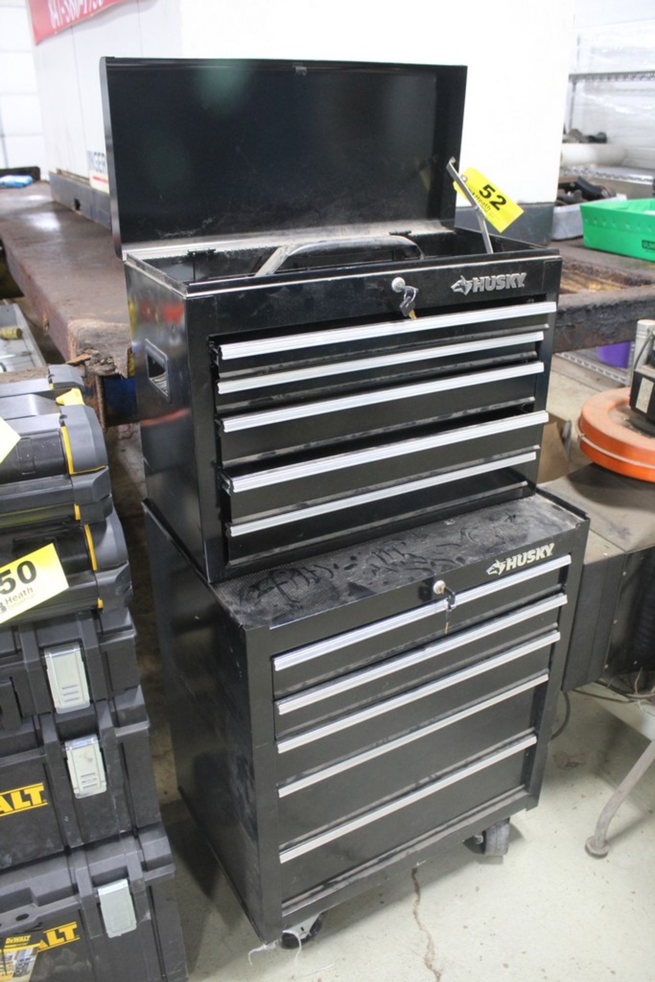 HUSKY PORTABLE TOOLCHEST, 33" X 27" X 18" AND FIVE DRAWER TOOL BOX, 20" X 26" X 12"