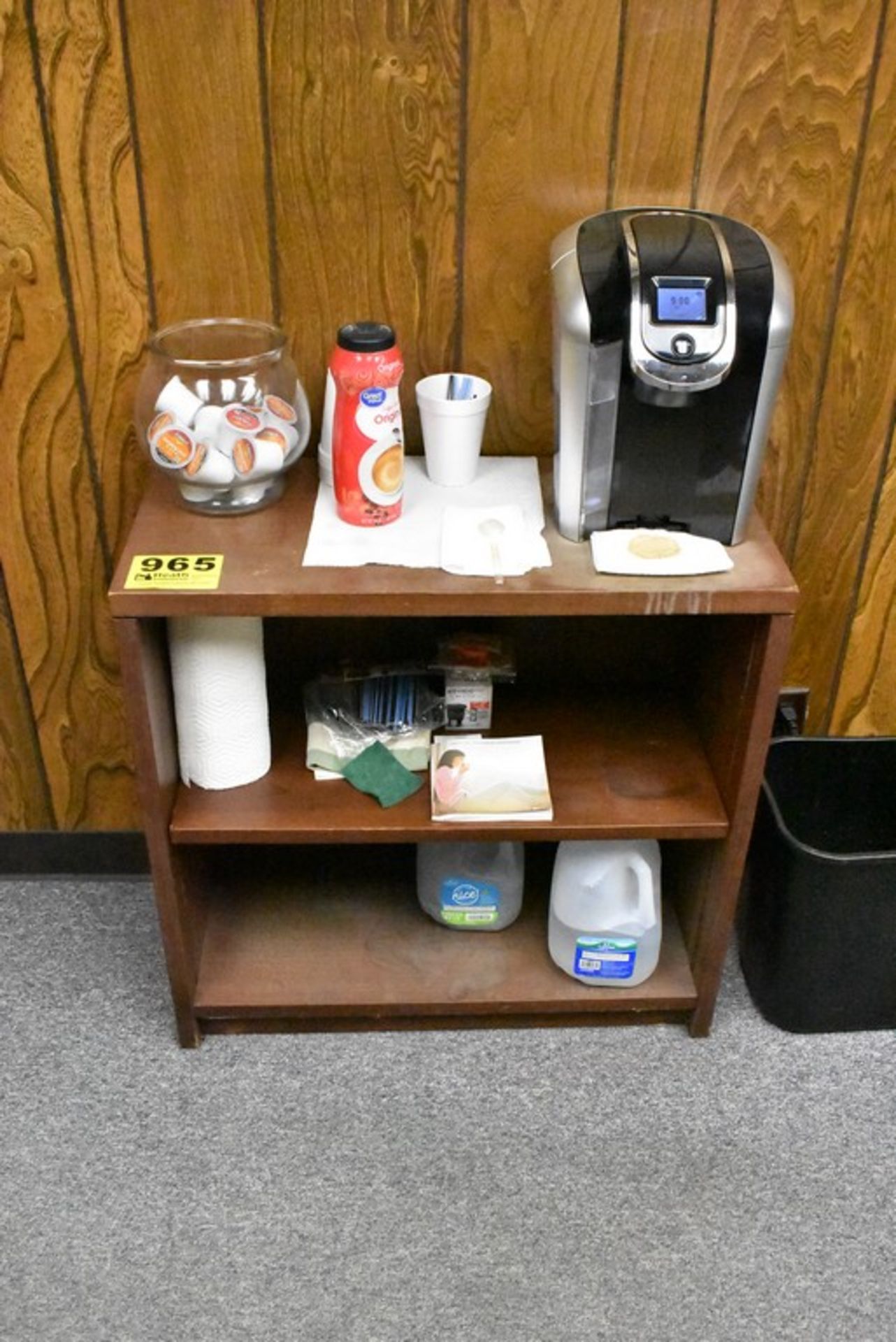 COFFEE HUTCH WITH KUERIG COFFEE MAKER, ETC