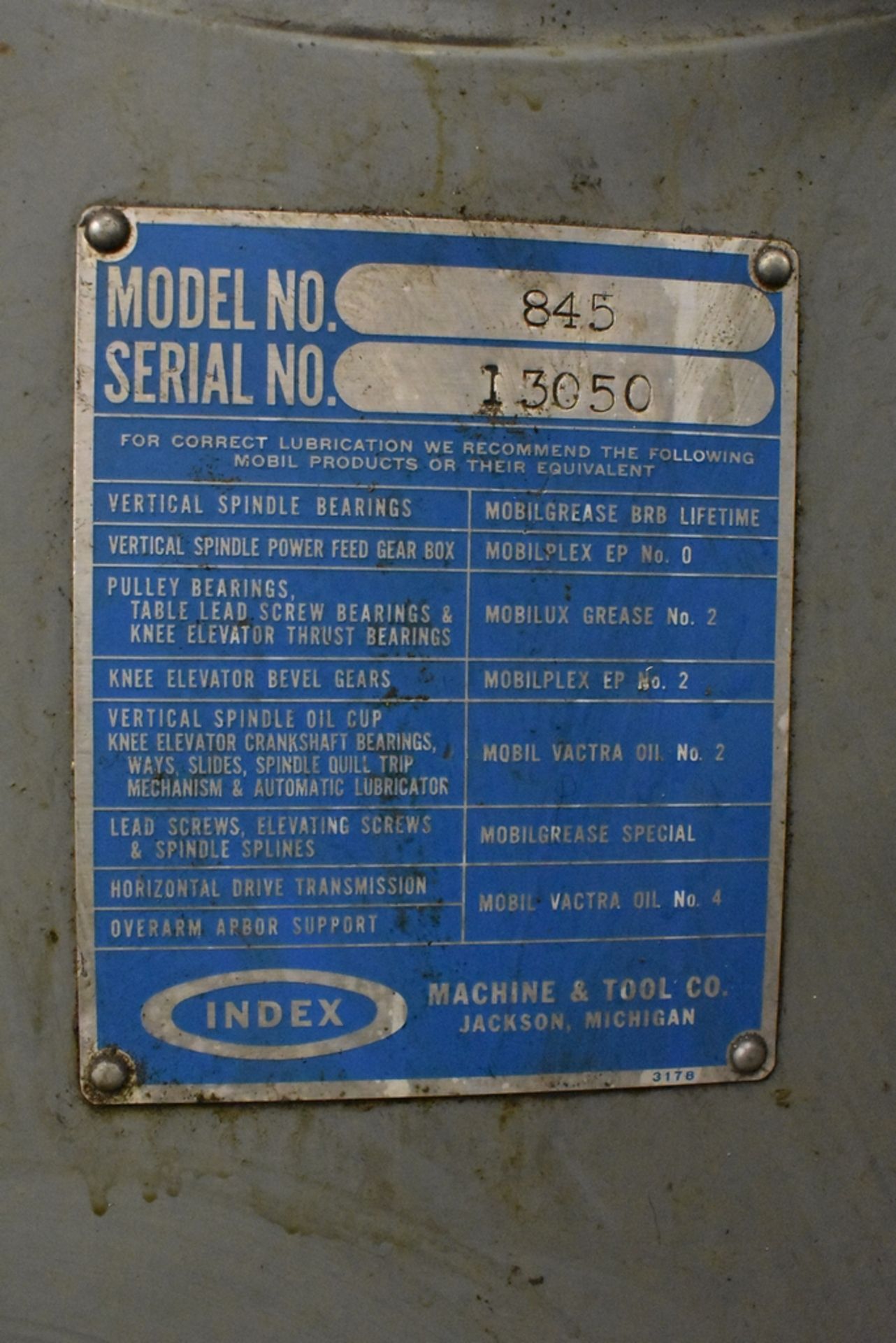 INDEX 2 HP MODEL 845 VERTICAL MILL, S/N 13050, 46" TABLE - Image 5 of 7