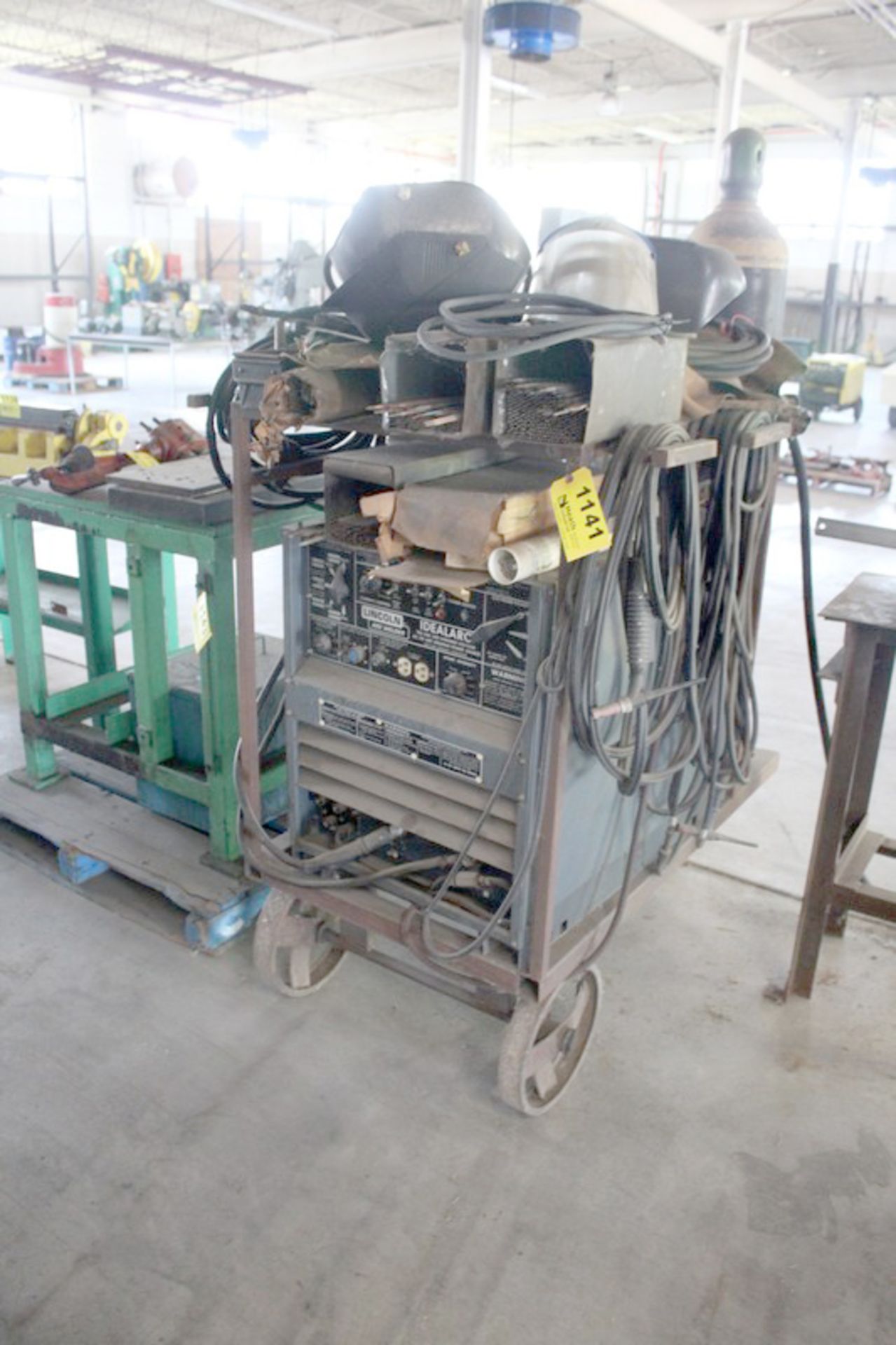 LINCOLN 300 AMP MODEL TIG300/300 WELDER, S/N AC-606130, WITH MOBILE CART, ALL RELATED HOSES, CABLES,