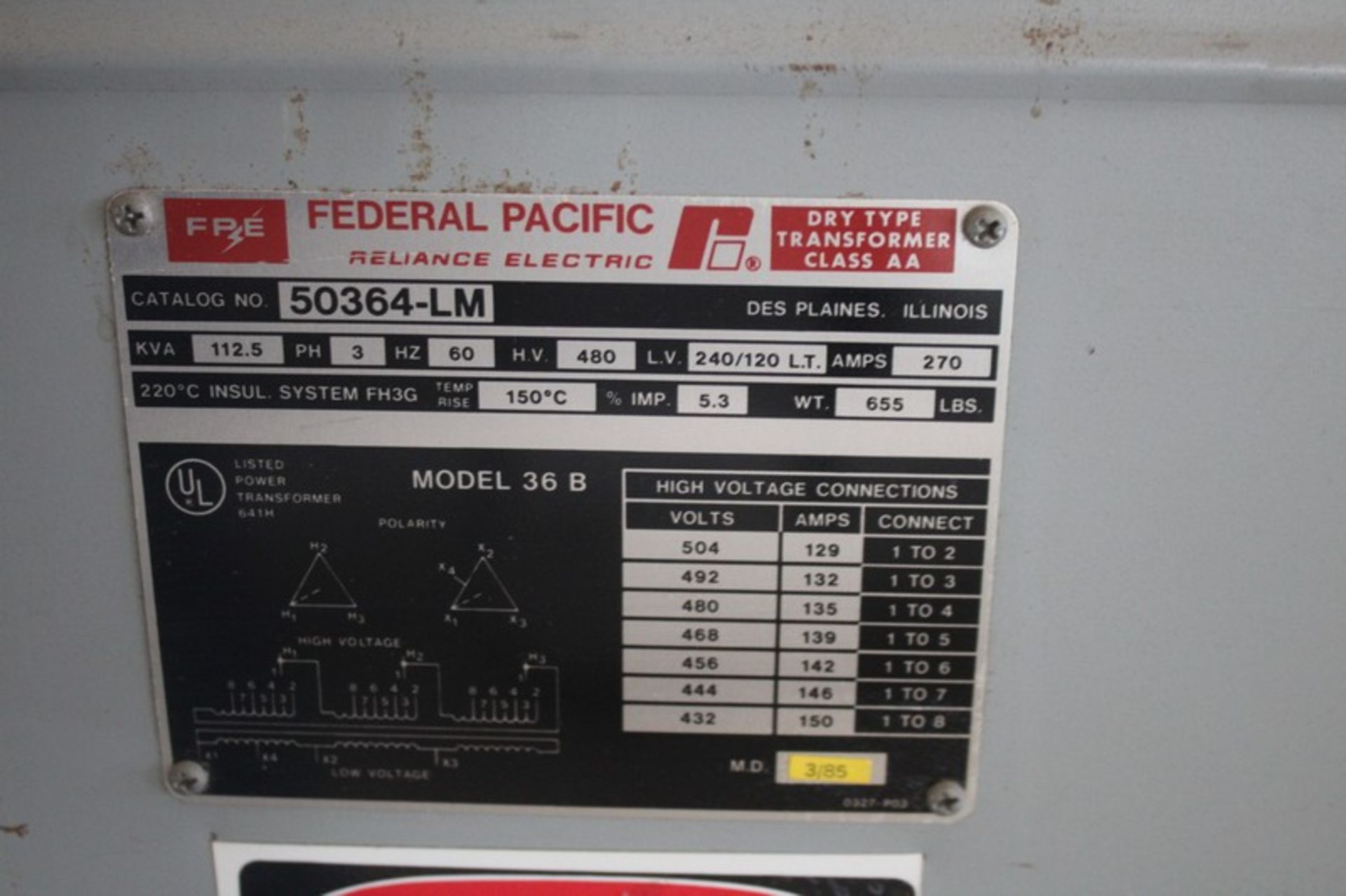 FEDERAL PACIFIC MODEL 36B, 3-PHASE, 112 KVA TRANSFORMER, CAT NO. 50364-LM, HV 480, LV 240/120 - Image 2 of 2